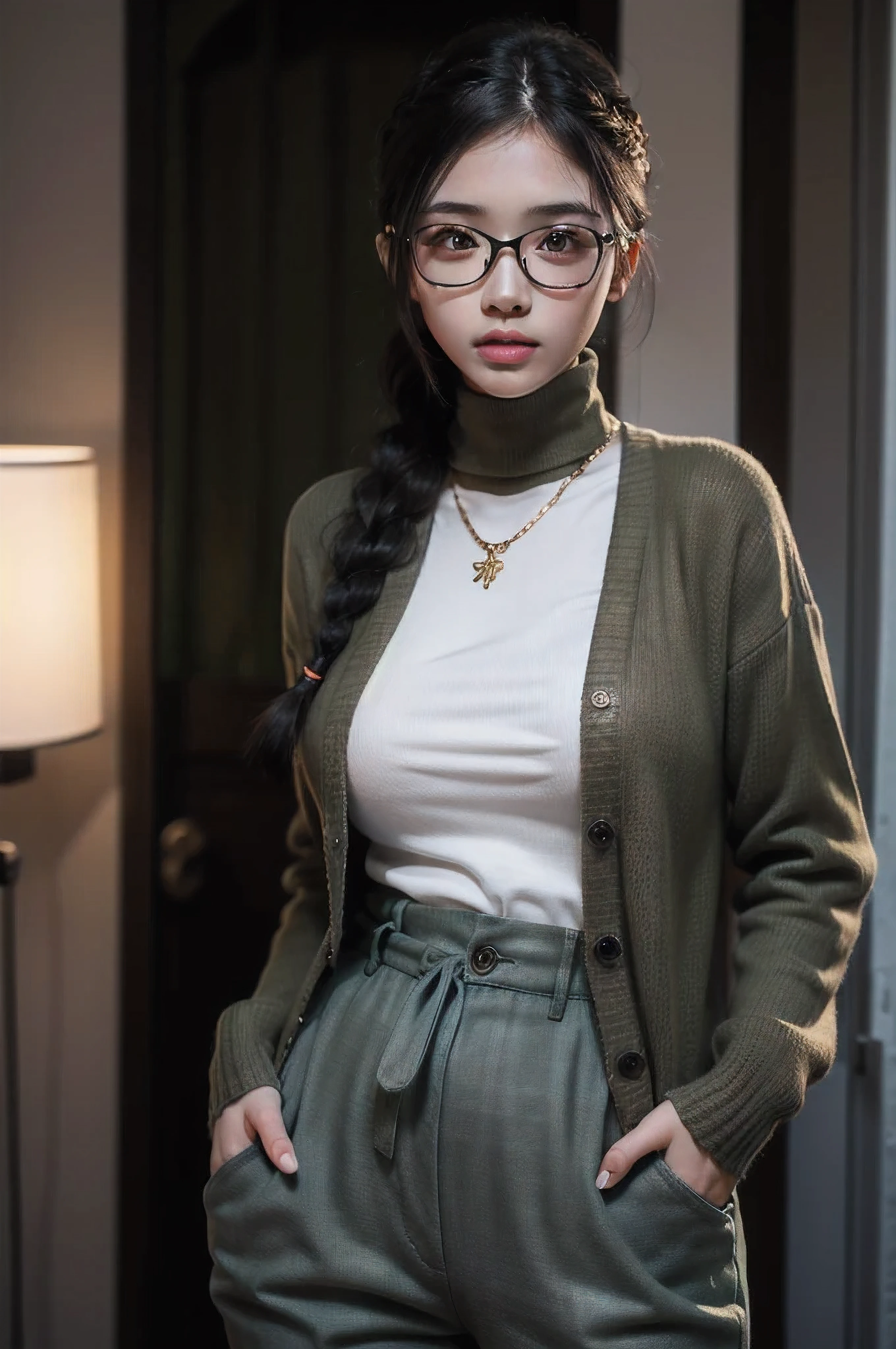 (masterpiece1.5),adult lady,Huge breasts,Solo,(((braid))), Long hair, half-opened mouth,(Red Frame Glasses),(Black hair), (large eyes with double eyelids),(Thick lip),(lofty nose),(High gauge (tight fitted:1.1) (Black:1.3) turtle neck:1.1), (Tuck-in:1.3), (Orange Cardigan:1.2), (checkered (Dark olive green) Tapered pants:1.3), Dark brown belt, Gold necklace, (Dark brown:1.1) lowfers,Nice backgrounds for your subject、beatiful backgrounds、spot light、Vibrant colors、(((Detailed drawing)))、Perfect Beautiful Girl