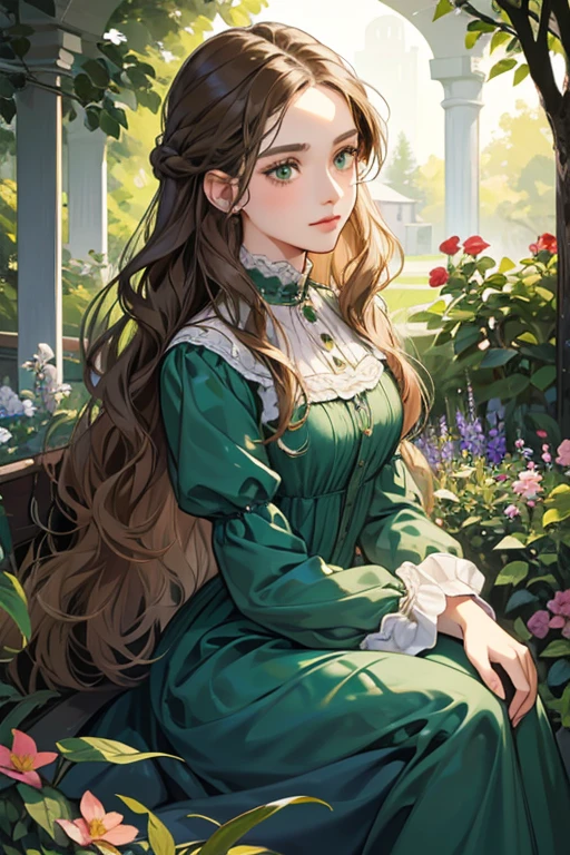 a digital painting of a woman with long brown wavy hair, green eyes, a young noble woman from the 1800's , soft features, navy blue dress, in a garden, portrait style