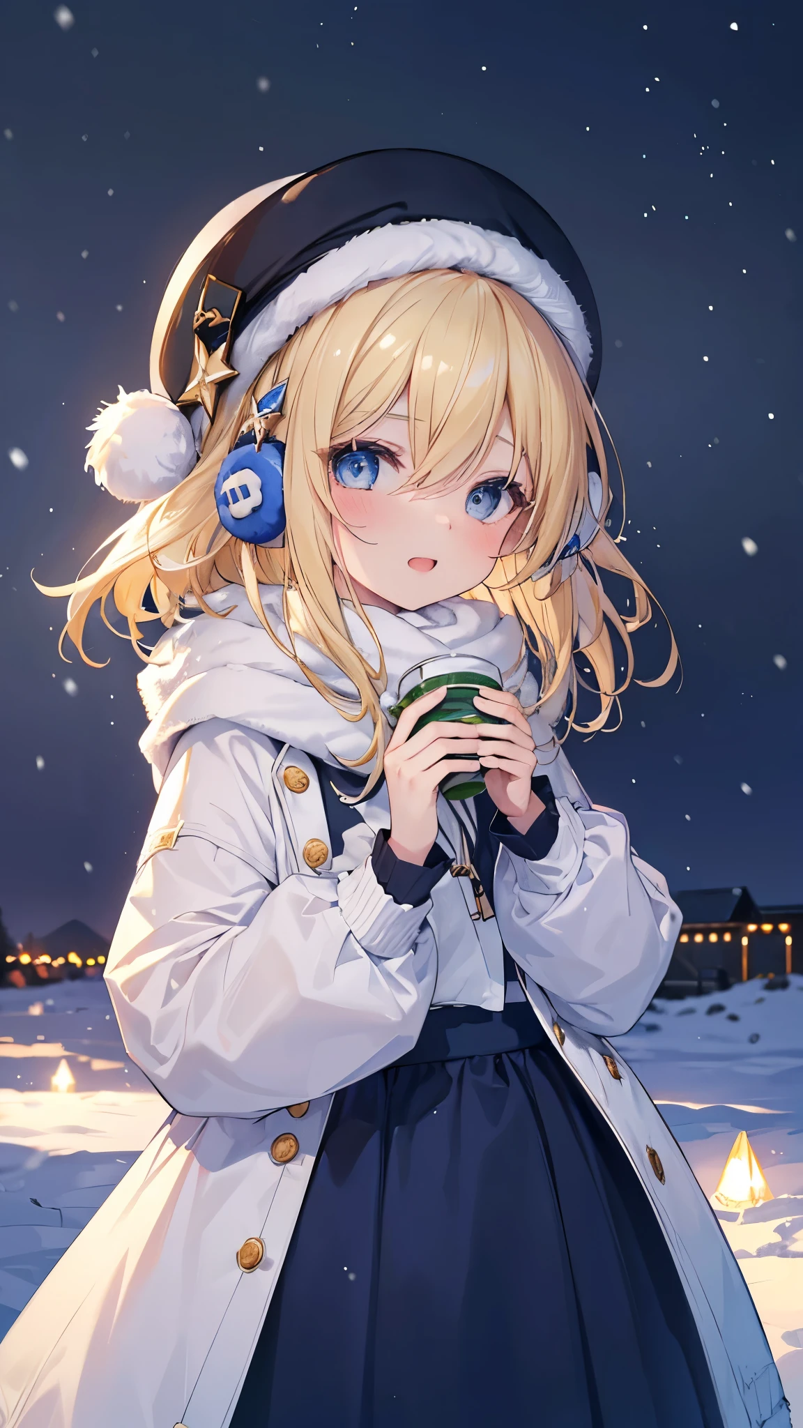 (masterpiece),(highest quality:1.2),One Girl,(Masseter muscle area:1.3),Exquisite detail, highest qualityの8K解像度, Very detailed, Realistic, Bright colors彩, Soft tone, Warm and gentle lighting, (Snowy Night:1.5),(Snow Town:1.4),Wide skirt,Simple style,dynamic, Cute Hats、cute earmuffs、Cute Coat,starry sky and shooting stars,Bright colors,(Smooth and straight blonde hair:1.2),(Hair parted in the middle:1.3),(Shiny Hair),(Dark blue eyes:1.3),White skin, Barrette,Small Necklace,Filled with gentle feelings,The sun shines with joy and pure love, Warm glow,Happiness and laughter,Bright colors彩,感dynamicなスタイル,Depth of Love,Color Palette,Dreamy atmosphere,masterpiece芸術作品