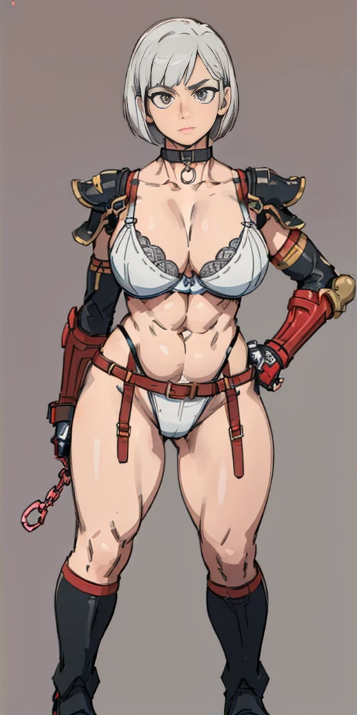 ((Plain background 1:2)) (Cammy White Street Fighter white silver short bob haircut) Female full body standing straight symmetrical looking to the viewer RED full body armored (handcuffs, shackles, rerebrace, faulds, poleyn, gauntlets, leather collar choker, gloves, gauntlets,  high boots bootstraps, black stockings) 2 crossing big belt under belly button, navel, abs, garter straps belts attaching bra ((hands on hips)) view from below, wide hips