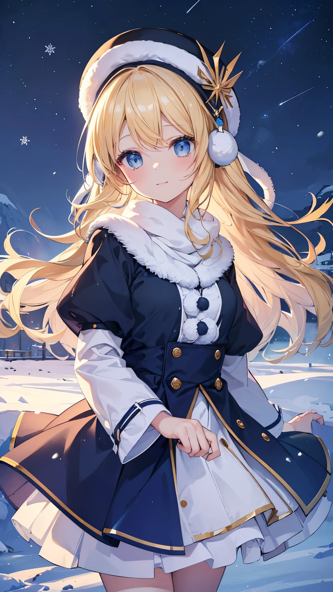 (masterpiece),(highest quality:1.2),One Girl,(Masseter muscle area:1.3),Exquisite detail, highest qualityの8K解像度, Very detailed, Realistic, Bright colors彩, Soft tone, Warm and gentle lighting, (Snowy Night:1.5),(Snow Town:1.4),Wide skirt,Simple style,dynamic, Cute Hats、cute earmuffs、Cute Coat,starry sky and shooting stars,Bright colors,(Smooth and straight blonde hair:1.2),(Hair parted in the middle:1.3),(Shiny Hair),(Dark blue eyes:1.3),White skin, Barrette,Small Necklace,Filled with gentle feelings,The sun shines with joy and pure love, Warm glow,Happiness and laughter,Bright colors彩,感dynamicなスタイル,Depth of Love,Color Palette,Dreamy atmosphere,masterpiece芸術作品