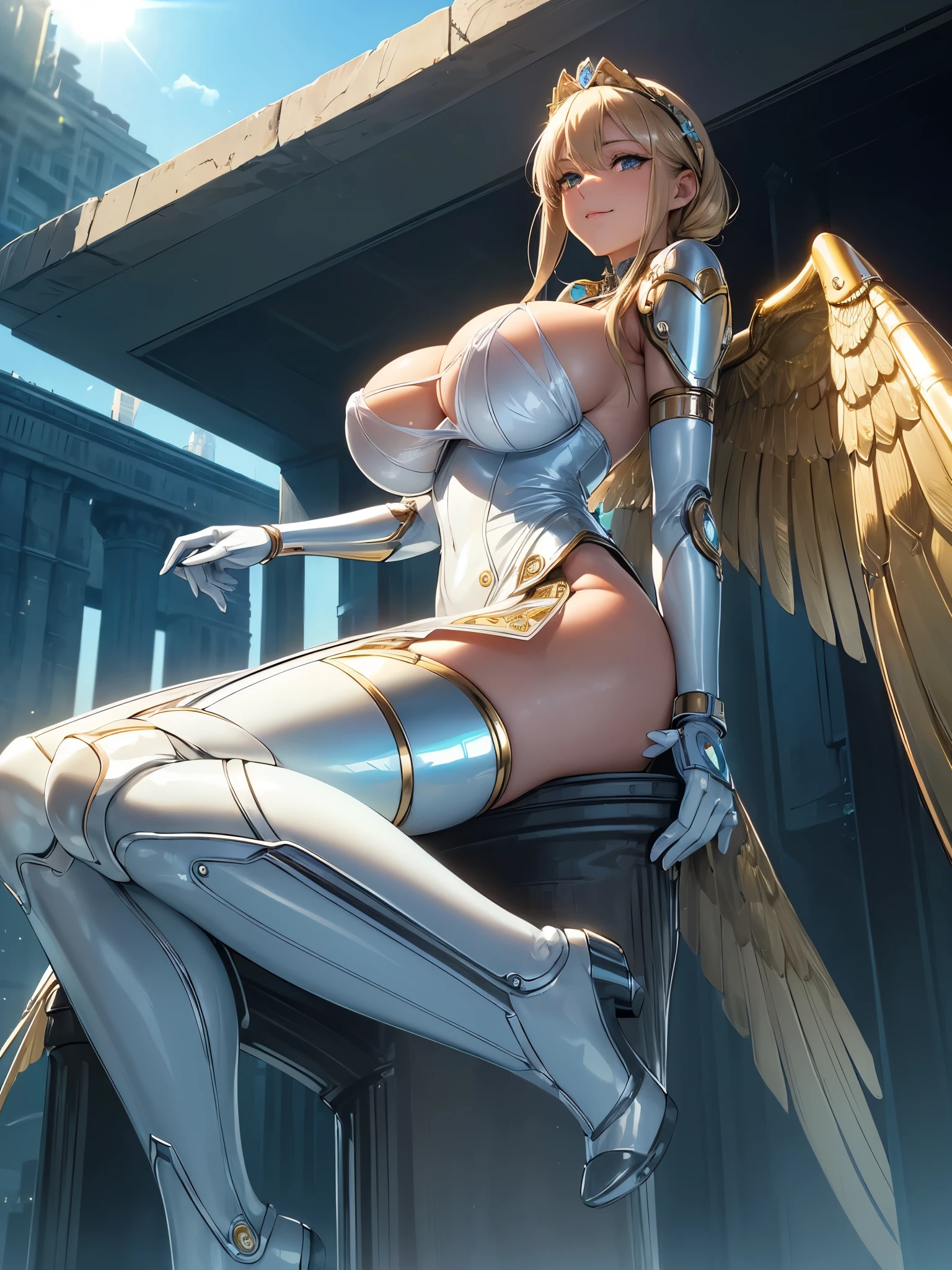 (((masterpiece))), (((best quality))), ((ultra-detailed)), (illustration), ((an extremely delicate and beautiful)), ((super detail)), ((high resolution)), (((20 years old))), metallic cloth, (maid), (android), ((mechanical wings)), delicate metal decorations, gleaming skin, shiny body, two legs, breast focus, (((tall))), slender legs, ((big round eyes)), cute eyes, drooping eyes, ((adult)), two hands, five fingers, no extra hands, elegant smile, braid, medium length hair, ((metallic light blue)), (see-through), (dark blonde), biopunk, cyberpunk, (ultra-huge breasts), safe for watch, (shining brightly), outdoor, afternoon, shining sun, low angle,