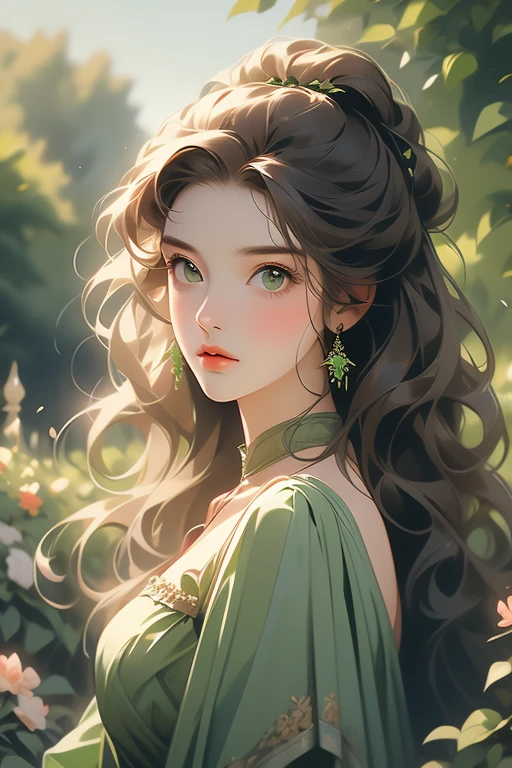 a digital painting of a woman with long brown wavy hair, green eyes, a young noble woman from the 1800's , soft features, navy blue dress, in a garden, portrait style