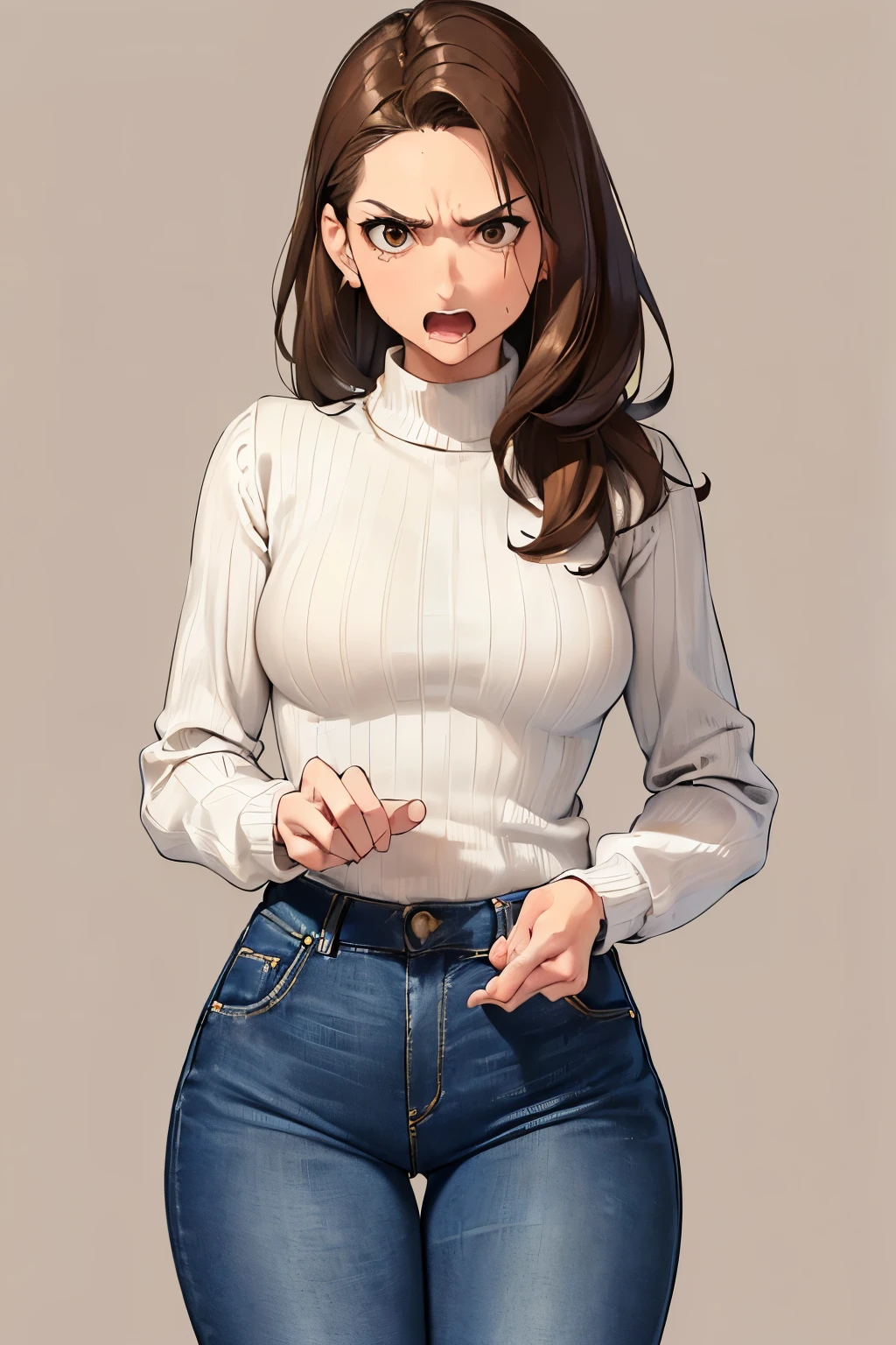 (((small bust))), (((skinny hips))), ((best quality)), ((masterpiece)), (detailed), ((perfect face)), (((tall 40 year old middle-aged woman with mouth open))), (((standing))), (((wearing jeans, white sweater))), (((brown hair))), (((blank background))), (((looking at viewer))), (((angry)))