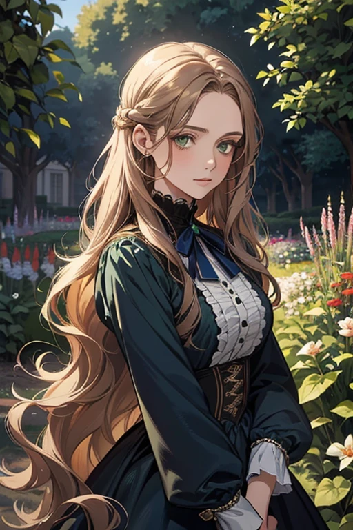 a digital painting of a woman with long brown wavy hair, green eyes, a young noble woman from the 1800's , soft features, navy blue dress, in a garden, portrait style