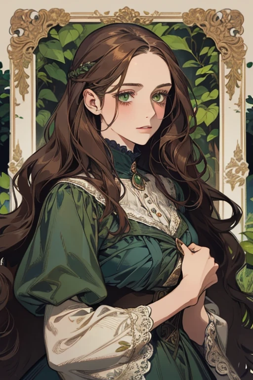 a digital painting of a woman with long brown wavy hair, green eyes, a young noble woman from the 1800's , soft features, navy blue dress, in a garden, portrait style