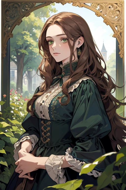 a digital painting of a woman with long brown wavy hair, green eyes, a young noble woman from the 1800's , soft features, navy blue dress, in a garden, portrait style