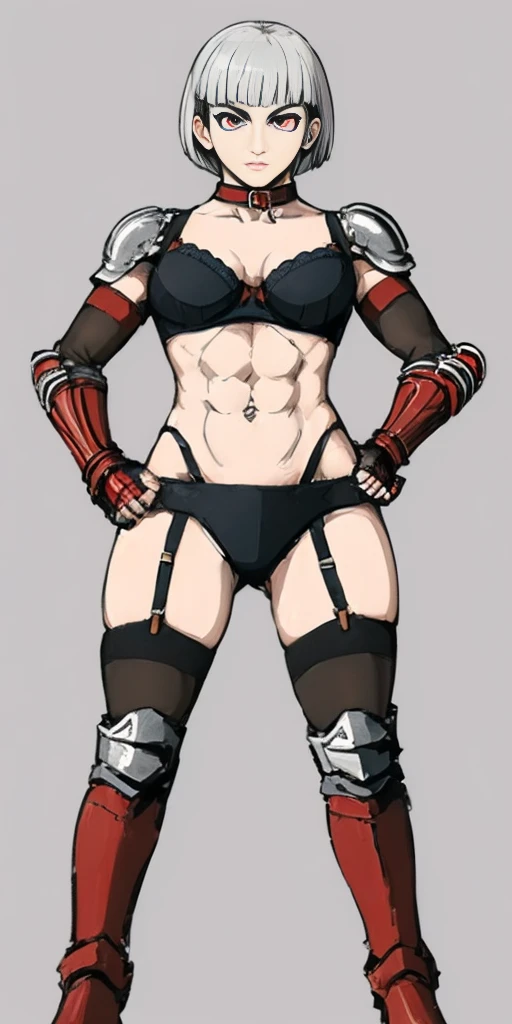 ((Plain background 1:2)) (Cammy White Street Fighter white silver short bob haircut) Female full body standing straight symmetrical looking to the viewer RED full body armored (handcuffs, shackles, rerebrace, faulds, poleyn, gauntlets, leather collar choker, gloves, gauntlets, high boots bootstraps, black stockings) 2 crossing big belt under belly button, navel, abs, garter straps belts attaching bra ((hands on hips)) view from below, wide hips