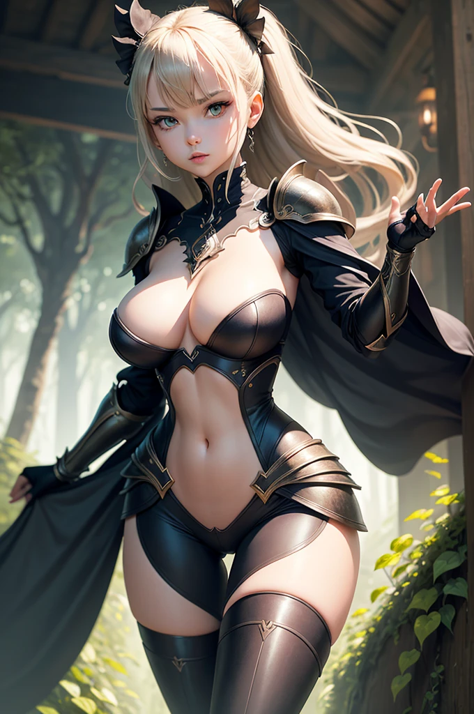 In intriguing perspectives, a slender woman with ample and wide hips is depicted, her narrow waist contrasting her generous curves. She dons an alluring, sleek armor, its details meticulously rendered, and leaps gracefully into the air, defying gravity. Her eyes, filled with determination, stare boldly ahead, a vibrant background of a lush forest teeming with life peeking from behind.