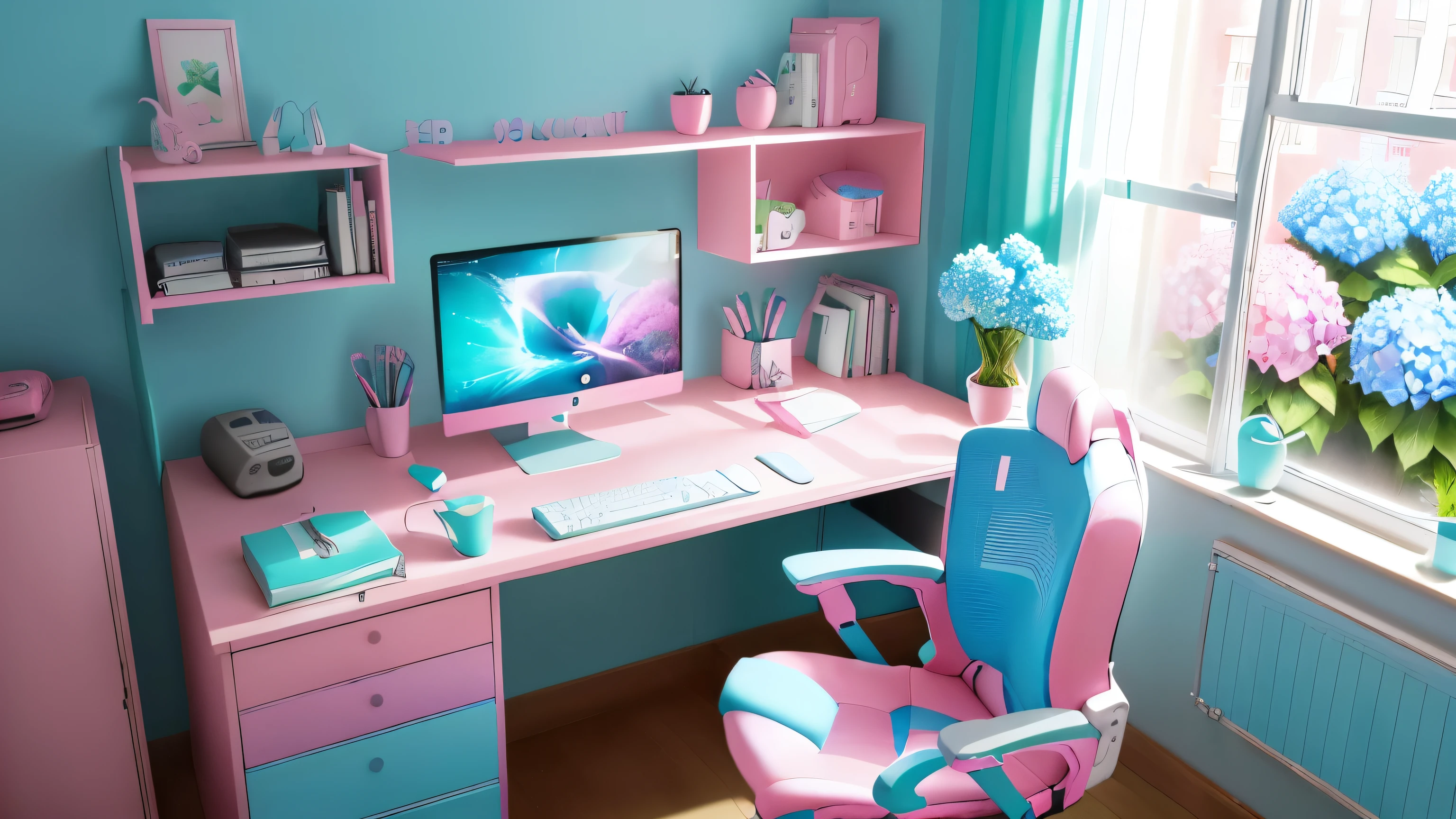 a brightly colored desk with a computer and a monitor in a room, blue and pink colors, pink and blue colour, pink and blue colors, blue and pink color scheme, teal and pink, pink and blue, blue and pink, pink and teal, home office, blue and pink accents, shades of pink and blue, teal aesthetic, turquoise and pink lighting,Distortion-free detail、Outside the window is a field of hydrangeas