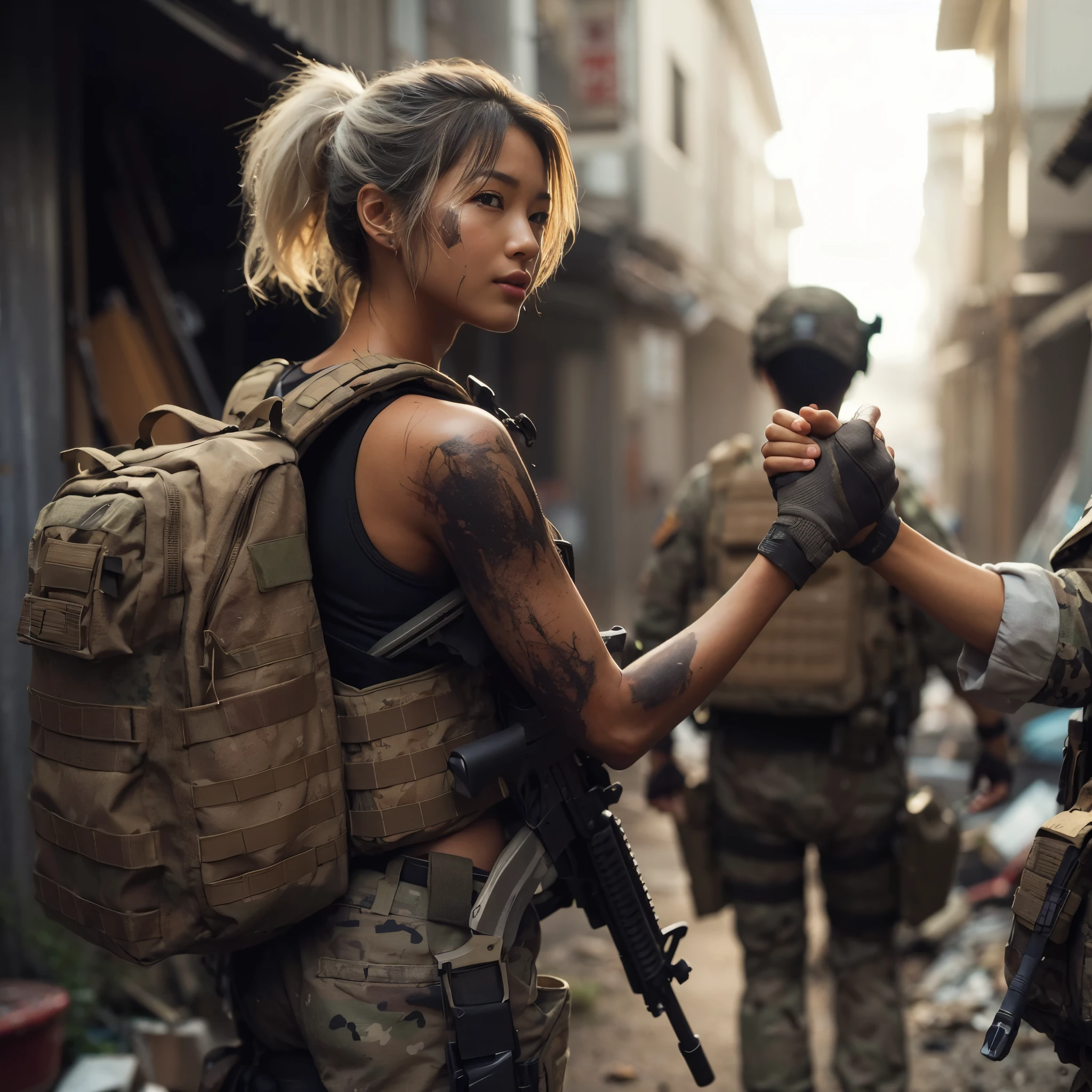 8K, realistic photo, realistic skin texture, Beautiful Japanese women in the US military、Outside the ruins of a giant American supermarket、Operation End、Car buried in rubble、Automatic rifle、Bulletproof vest、Exhaustion、Giving a fist bump to other team members、Rescue the hostage safely、backpack、boots、Covered in scars、Dynamic pose、Innovative composition