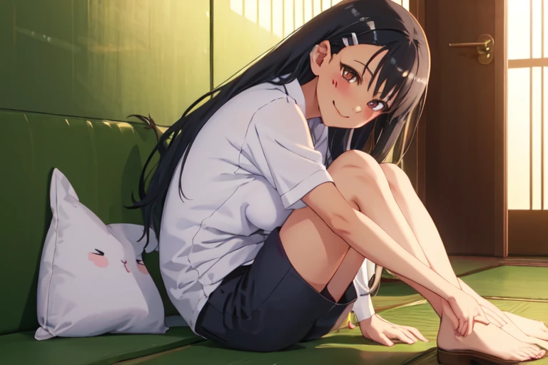 best quality, masterpiece, highres, solo, (nagatoro_hayase_donttoywithmemissnagatoro:1.10), 1girl, anime coloring, mole under eye, red eyes, looking at viewer, parody, portrait, smile, closed mouth, anime_style, 11, full body, sexy body, perfect body, large breasts, onsen, 1boy, short pants, Naoto Hachioji senpai, hugging each other with love