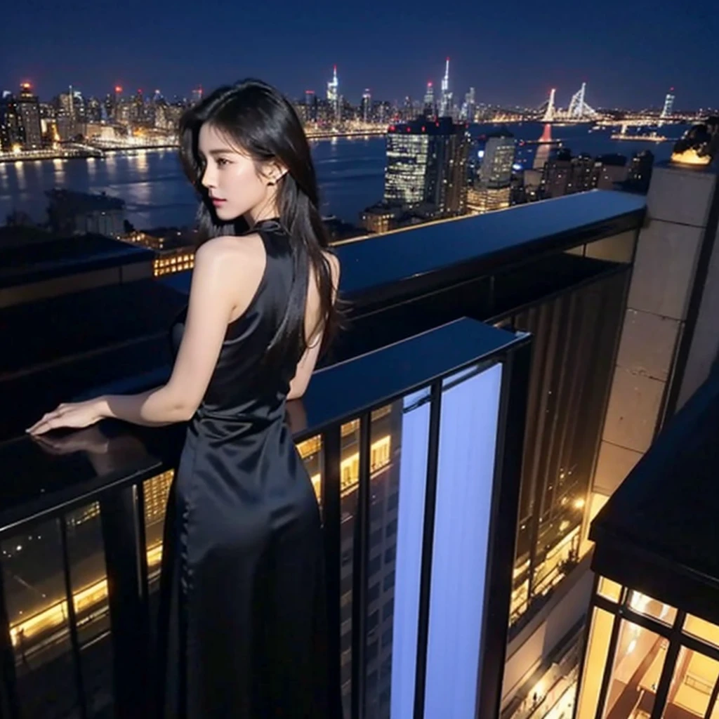 Back view of a billionaire with shoulder-length long hair, Back view with no face visible, watch outside, wearing long black sleeveless silk dress, New York skyscraper luxury hotel rooftop bar, A night view of the building, luxury, realistic, 