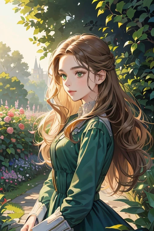 a digital painting of a woman with long brown wavy hair, green eyes, a young noble woman from the 1800's , soft features, navy blue dress, in a garden, portrait style