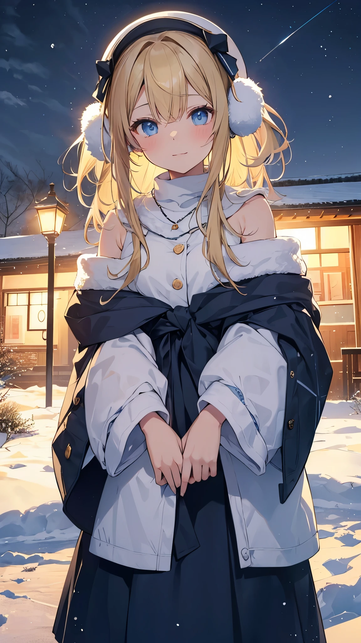 (masterpiece),(highest quality:1.2),One Girl,(Masseter muscle area:1.3),Exquisite detail, highest qualityの8K解像度, Very detailed, Realistic, Bright colors彩, Soft tone, Warm and gentle lighting, (Snowy Night:1.5),(Snow Town:1.4),Wide skirt,Simple style,dynamic, Cute Hats、cute earmuffs、Cute Coat,starry sky and shooting stars,Bright colors,(Smooth and straight blonde hair:1.2),(Hair parted in the middle:1.3),(Shiny Hair),(Dark blue eyes:1.3),White skin, Barrette,Small Necklace,Filled with gentle feelings,The sun shines with joy and pure love, Warm glow,Happiness and laughter,Bright colors彩,感dynamicなスタイル,Depth of Love,Color Palette,Dreamy atmosphere,masterpiece芸術作品