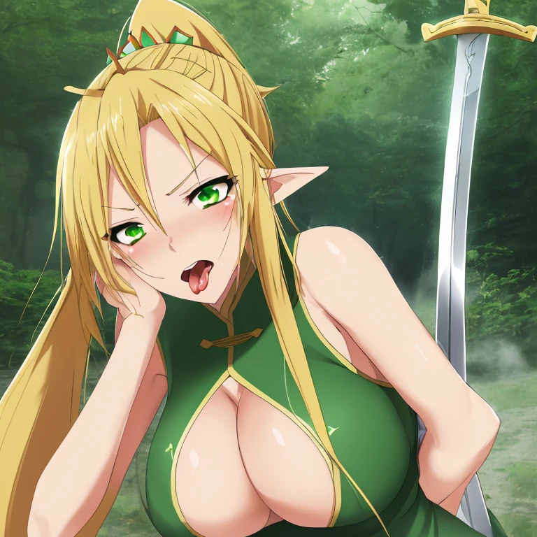 asuna,sao, crown half up hairstyle,, leafa, sword art online, blonde hair, hair between eyesbraid, ponytail, long hair, green eyes, pointy ears, green dress, fairy wings, upper body, Girls' Front, sweat, Perfect female body, woman, 20 years old, heart-shaped pupils, tongue out, huge breasts, absurdres, highres,ahegao