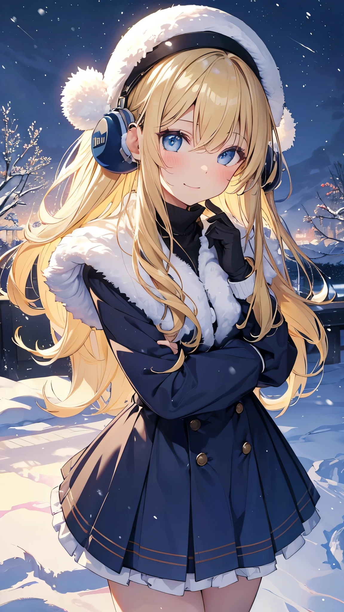 (masterpiece),(highest quality:1.2),One Girl,(Masseter muscle area:1.3),Exquisite detail, highest qualityの8K解像度, Very detailed, Realistic, Bright colors彩, Soft tone, Warm and gentle lighting, (Snowy Night:1.5),(Snow Town:1.4),Wide skirt,Simple style,dynamic, Cute Hats、cute earmuffs、Cute Coat,starry sky and shooting stars,Bright colors,(Smooth and straight blonde hair:1.2),(Hair parted in the middle:1.3),(Shiny Hair),(Dark blue eyes:1.3),White skin, Barrette,Small Necklace,Filled with gentle feelings,The sun shines with joy and pure love, Warm glow,Happiness and laughter,Bright colors彩,感dynamicなスタイル,Depth of Love,Color Palette,Dreamy atmosphere,masterpiece芸術作品
