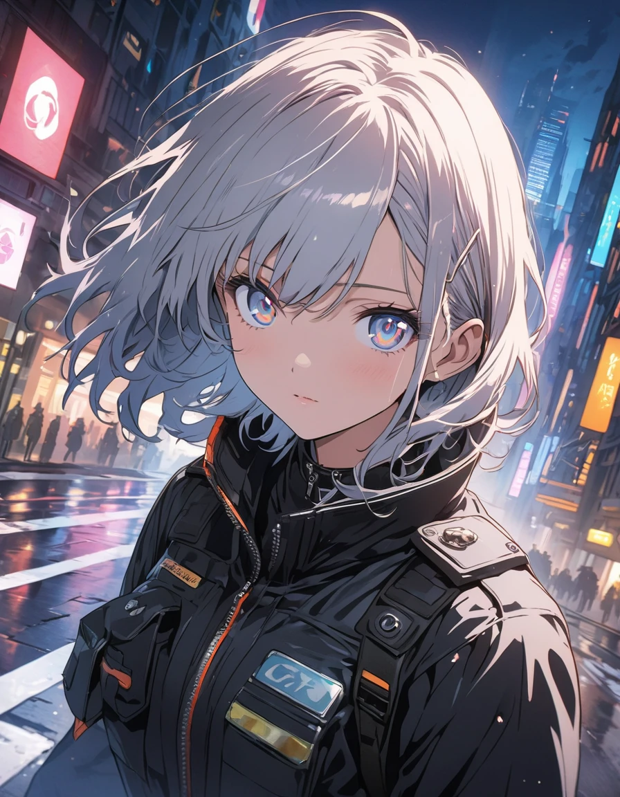 anime style, super fine illustration, highly detailed, dynamic angle, beautiful detailed, 8k, At night, in a cyberpunk cityscape, a female police officer patrols the neon-lit streets. Her footsteps echo against the damp pavement as she keeps a watchful eye on the shadows, ready to enforce justice in this futuristic metropolis.(highest quality、masterpiece、High resolution、detailed)、animeスタイル、Flat Style、(Beautiful Eyes, Delicate and beautiful face, ) 、Dynamic Angle、anime