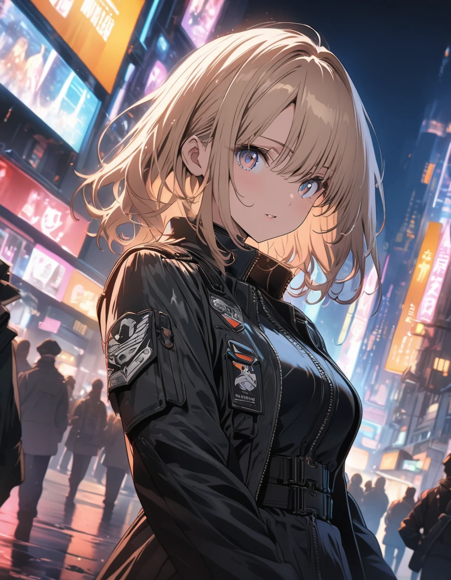 anime style, super fine illustration, highly detailed, dynamic angle, beautiful detailed, 8k, At night, in a cyberpunk cityscape, a female police officer patrols the neon-lit streets. Her footsteps echo against the damp pavement as she keeps a watchful eye on the shadows, ready to enforce justice in this futuristic metropolis.(highest quality、masterpiece、High resolution、detailed)、animeスタイル、Flat Style、(Beautiful Eyes, Delicate and beautiful face, ) 、Dynamic Angle、anime