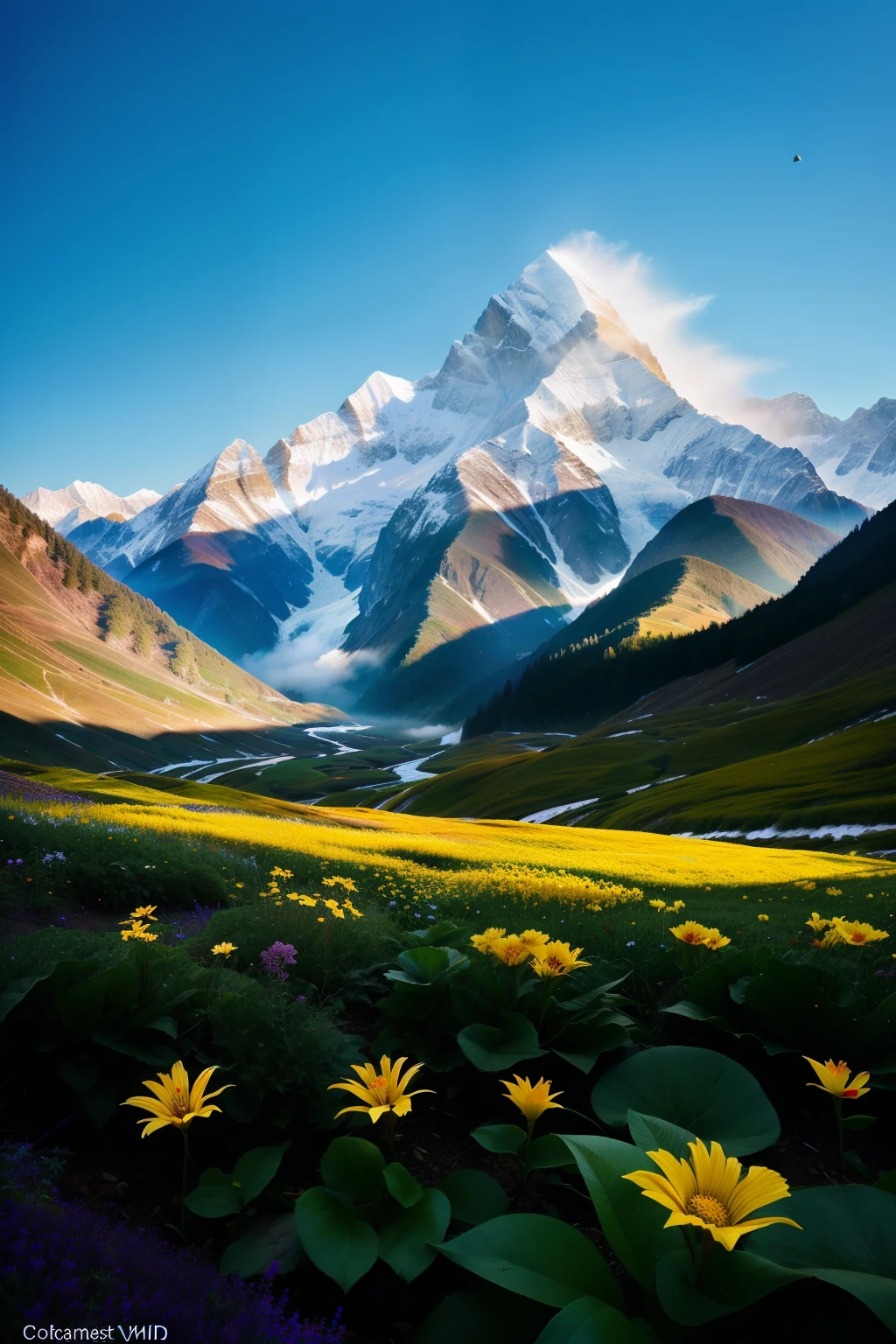 Witness the mesmerizing spectacle of Uttarakhand's Valley of Flowers in hyper-realism, as colors burst forth in a symphony of nature's finest hues and shades, captured in exquisite detail with the Canon R5 camera. This masterpiece showcases intricate high-definition imagery, with sharp focus on every petal and leaf, revealing texture and realistic skin-like surface. The essence of real life comes alive in this highly detailed scene, where the crystalline air and bright sunlight bring out the most vibrant and authentic colors. Ultra-realistic Photography in 8k UHD unveils the primitive yet captivating beauty of this stunning location