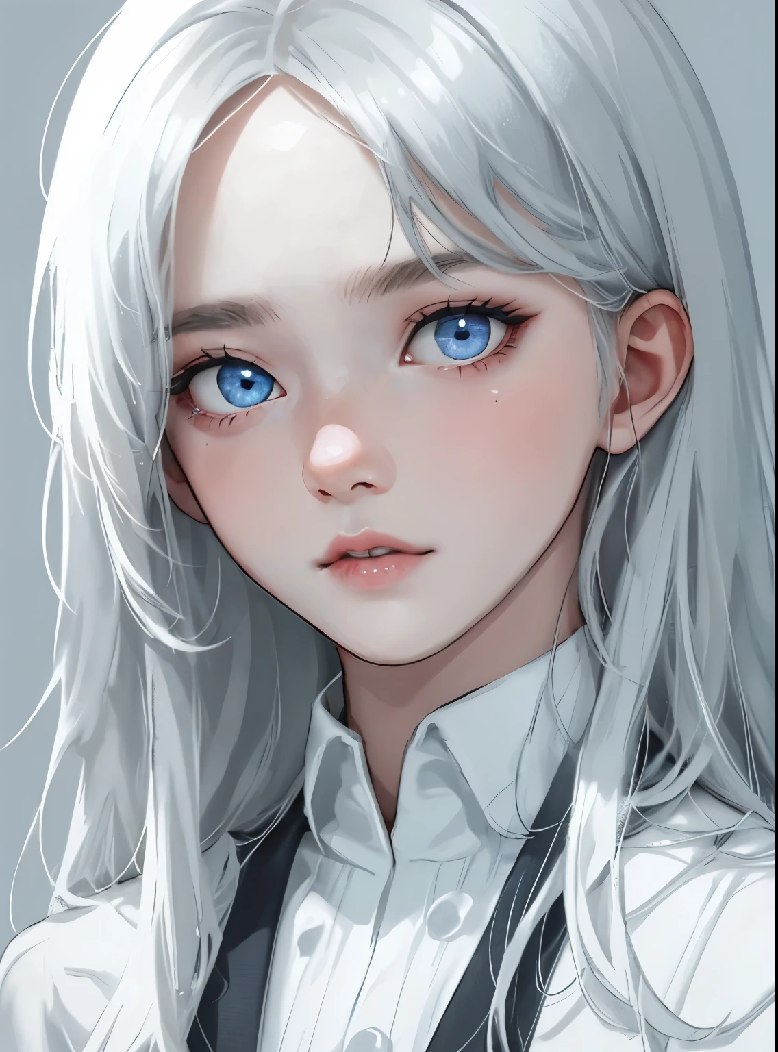 Boy, silver hair, blue eyes, sharp features, white skin, uniform