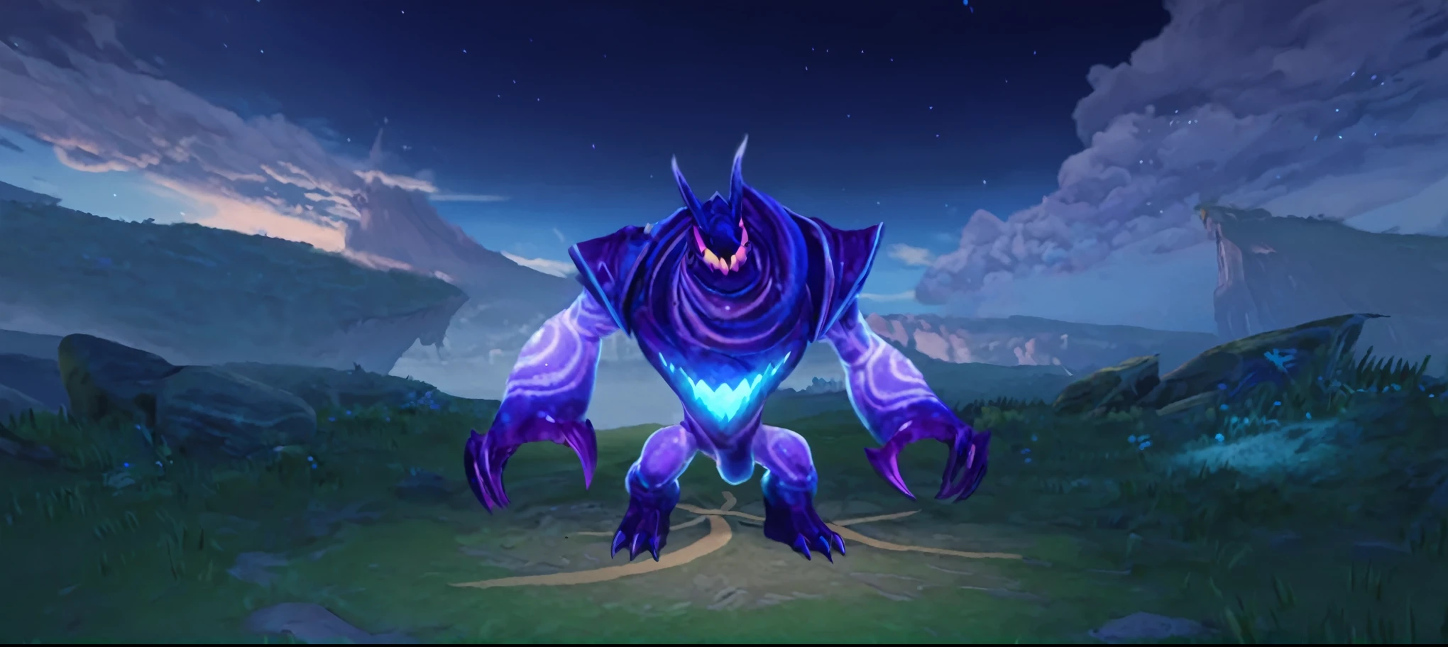 un primer plano de un monstruo morado y azul en un campo, z&#39;gok. Epic legendary resolution with HD anime  , nasus, piel bronceada, piel de obsidiana, piel negra como boca de lobo, nocturno de liga de leyendas, estilo de liga de leyendas, grieta salvaje, Osa de 12 quilates, slippery, wet skin, roshan, Artefacto jpeg paisaje nocturno mirando el paisaje serio con sus ojos rojos mientras cae el anochecer