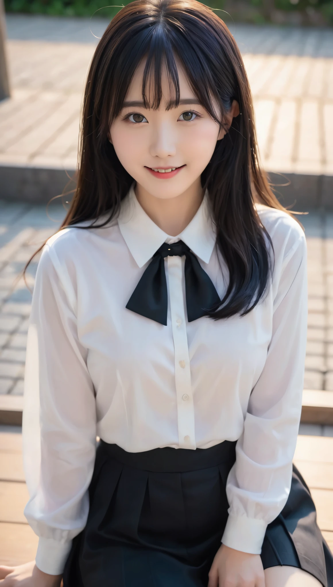 highest quality、masterpiece、live-action、Realistic、High resolution、4k、Japanese、whole body、Black Hair、、Cute Girls、15 years old、Cute smile、Private Server、after school、sunset、Crouching down and looking up at the viewer、Looking up、Top angle -- 9:16