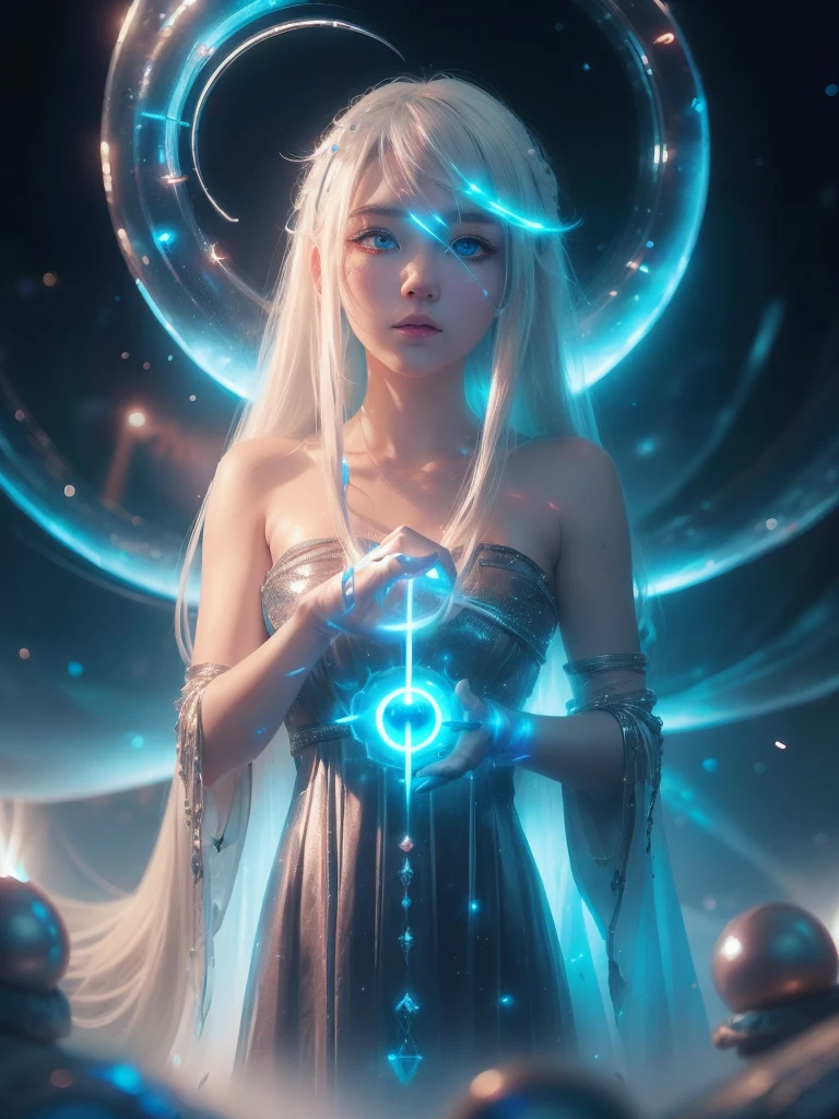 ((upper body)), best quality, masterpiece, a Japanese woman with ((Luminescence white hair)), ((detailed pearl blue eye)), high detailed goddess soul, focus on character, solo, (style swirl magic), solo, from front, front view, looking at viewer, detailed face, ((Luminescence Lighting Magic Circle theme)), perched on a ledge, tight neon body, light streaks, dark abyssal wanderer abstract, ((Simple Luminescence Neon Gown)), inscribed with mystical runes, outdoor dystopian background,