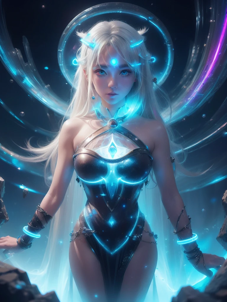 ((upper body)), best quality, masterpiece, a Japanese woman with ((Luminescence white hair)), ((detailed pearl blue eye)), high detailed goddess soul, focus on character, solo, (style swirl magic), solo, from front, front view, looking at viewer, detailed face, ((Luminescence Lighting Magic Circle theme)), perched on a ledge, tight neon body, light streaks, dark abyssal wanderer abstract, ((Simple Luminescence Neon Gown)), inscribed with mystical runes, outdoor dystopian background,