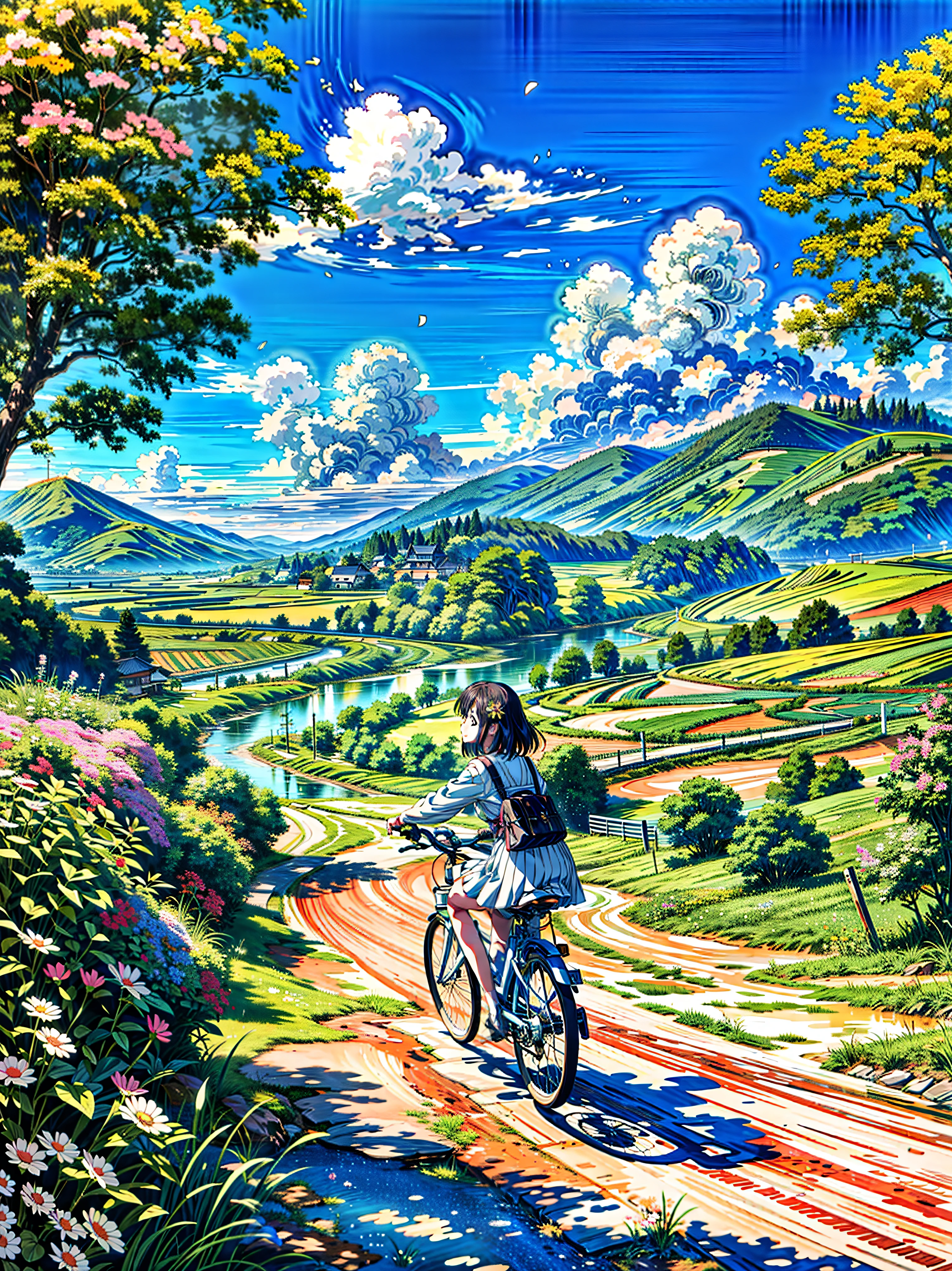 a painting of a woman riding a bike down a dirt road next to a river, flowers, multicolored flowers, village, anime countryside landscape, anime landscape, daisy flowers, anime scenery, japanese rural town, anime landscape wallpaper, japanese countryside, anime beautiful peace scene, anime scenery concept art, anime nature, anime painting, anime nature wallpap, beautiful anime scenery, countryside in japan, rural japan, clean anime art, beautiful anime art style, very beautiful matte painting, beautiful nature, 4k hd, beautiful art uhd 4 k, a beautiful artwork illustration, beautiful digital painting, highly detailed digital painting, beautiful digital artwork, detailed painting 4 k, very detailed digital painting, rich picturesque colors, gorgeous digital painting