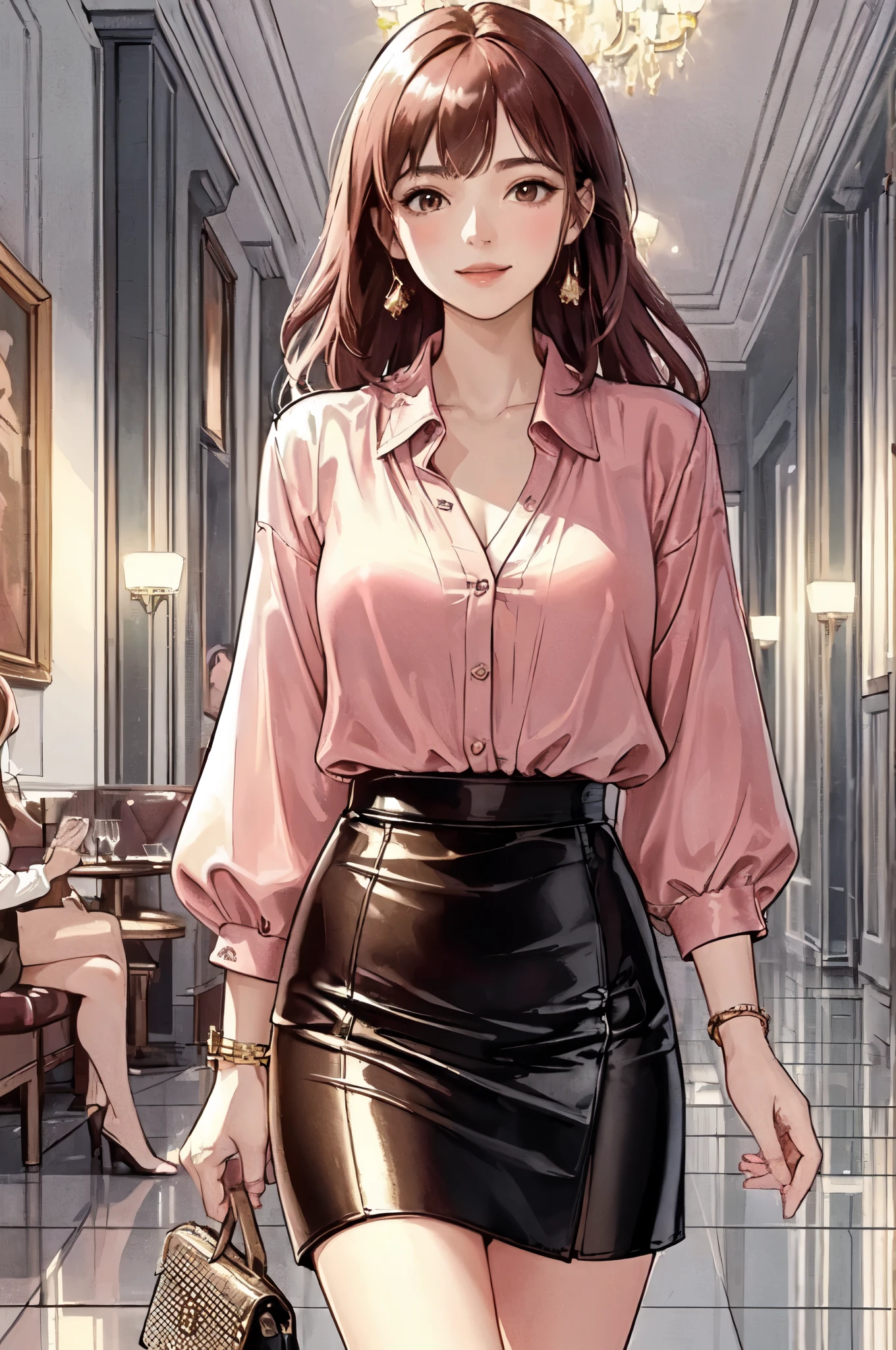 1lady solo, walking slowly, (pink gold blouse) (leather skirt), mature female, /(reddish brown hair/) bangs, light smile, (masterpiece best quality:1.2) delicate illustration ultra-detailed, large breasts BREAK (holding pouch) BREAK (corridor of high-end restaurant:1.2) indoors, (wall adorned with beautiful art), detailed background