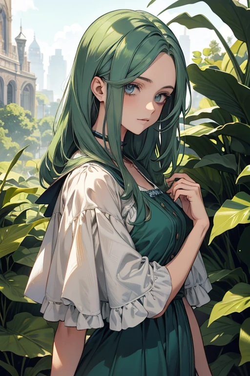 uma pintura digital de uma mulher com longos cabelos castanhos ondulados, olhos verdes, uma jovem nobre de 1800 , recursos suaves, vestido azul marinho, em um jardim, estilo retrato
