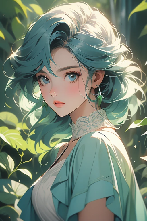 uma pintura digital de uma mulher com longos cabelos castanhos ondulados, olhos verdes, uma jovem nobre de 1800 , recursos suaves, vestido azul marinho, em um jardim, estilo retrato