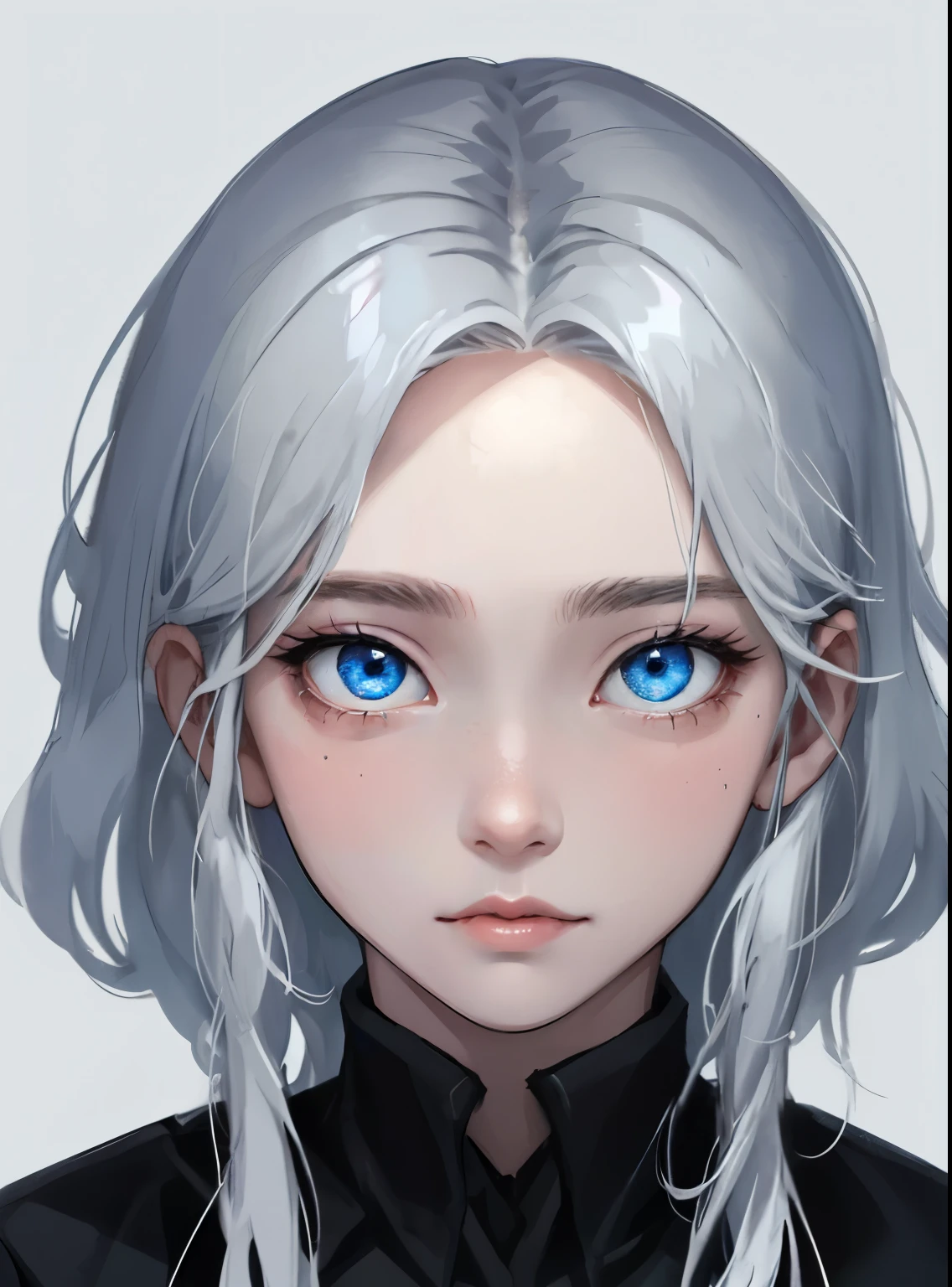 Boy, silver hair, blue eyes, sharp features, white skin, uniform