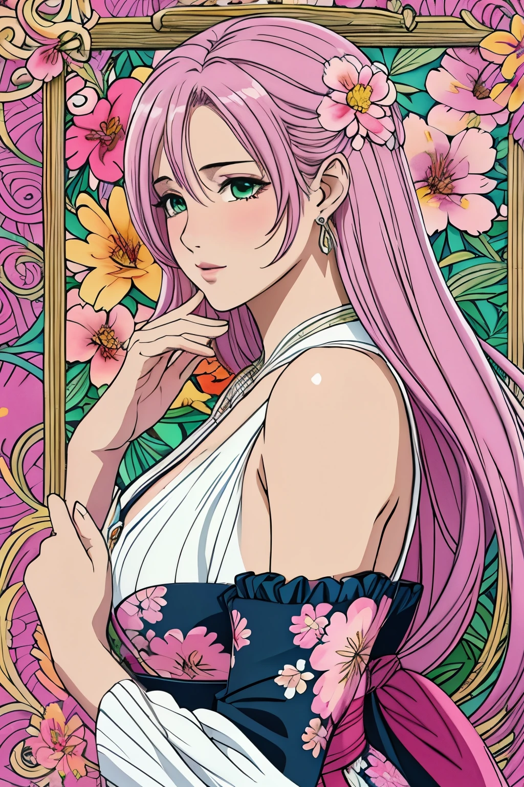 (masterpiece, top-quality, top-quality, Official art, Beautifully Aesthetic:1.2), green eyes, (highest quality, masterpiece painting:1.3), immature woman, , (half body shot), masterpiece, ultra high resolution, (((Flower frame, A lot of flowers in the frame))), Decorative panel, abstract art, (shot from a side angle), (Photoreal:1.0), ((light pink hair)),straight hair, beautiful shining hair, white and shining skin, Painterly, sketch, Texture, 超A high resolution, solo, Beautuful Women, A highly detailed, (Fractal Art:1.1), (colourfull:1.1), (florals:1.6), The most detailed, (Zentangle:1.2), (Dynamic Poses), (Abstract background:1.3), (shinny skin), (Many colors:0.8), (earrings:1.4), (pluma:0.9), Taisho romance