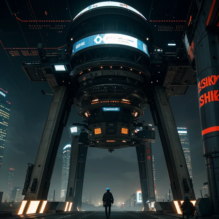Technological dystopia with sky spiders and AI