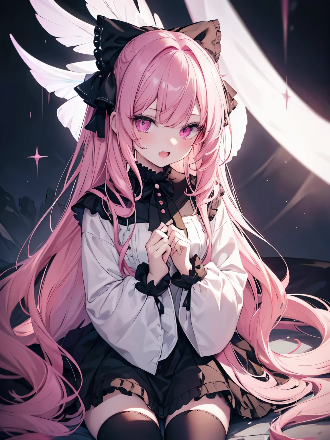 masutepiece, Highest Quality, (Perfect face:1.1), (high detailing:1.1), (ultradetailed eyes), Dramatic, superfine illustration, Extremely detailed,1girl in, teenager,(pale skin), Happy, Laugh, Enjoy,gloweyes,long pinkhair,pink eyes,Ethereal eyes,open mouth, Simple eyes,Solo,Pouty lips,Cinematic lighting,looking up,Long sleeve,Gothic lolita, frilld, bow ribbon,knee high socks, Hold the hem of the skirt