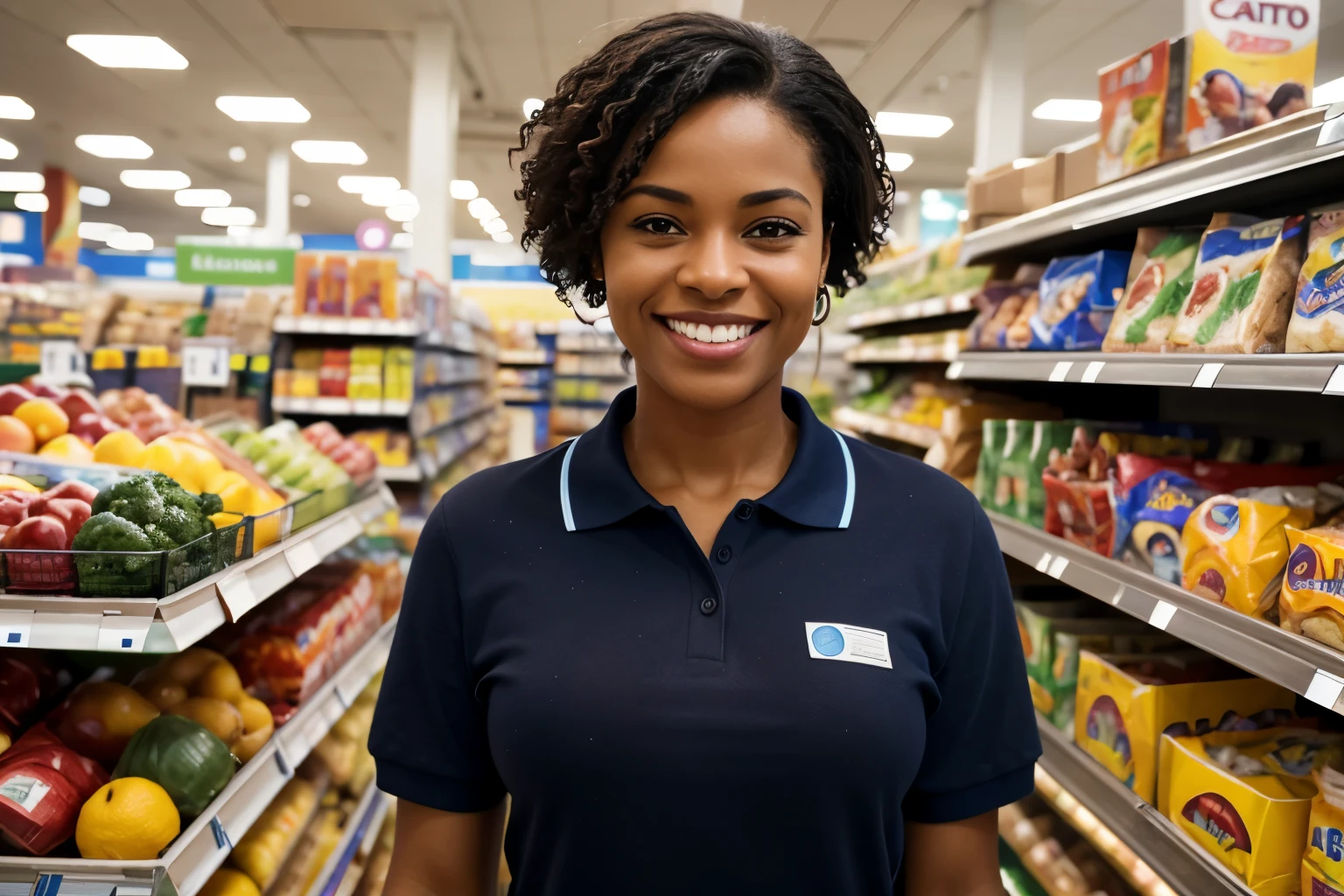 Generate a ultra-realistic image of an ordinary 40 years old supermarket cashier latin black woman smiling, wearing a blue polo shirt. Full view. Blurred supermarket in the background