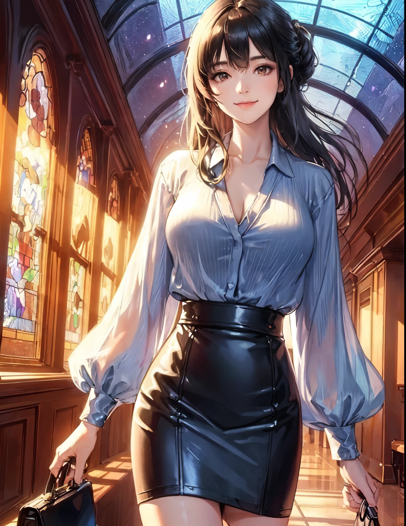 Only one female, Walk slowly, (Blue silver blouse) (Leather skirt), Mature Woman, /(Brown Hair/) bangs, A light smile, (Masterpiece Top quality:1.2) Delicate illustrations, super detailed, large breasts break (Pouch) break (Luxury restaurant corridor:1.2) indoor, (Stained Glass Windows), (The light of the setting sun), Detailed Background