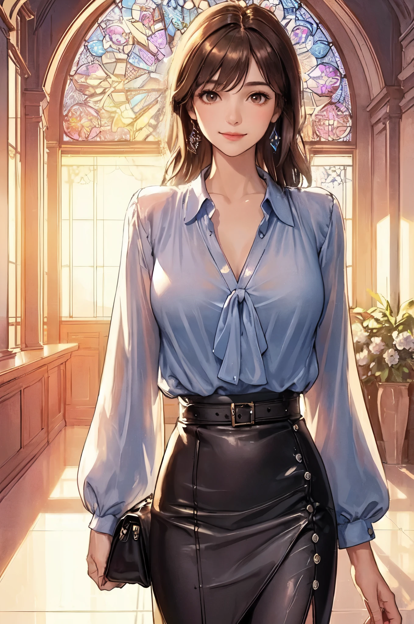 1lady solo, walking slowly, (blue silver blouse) (leather skirt), mature female, /(brown hair/) bangs, light smile, (masterpiece best quality:1.2) delicate illustration ultra-detailed, large breasts BREAK (holding pouch) BREAK (corridor of high-end restaurant:1.2) indoors, (stained glass window), (setting sun's light), detailed background
