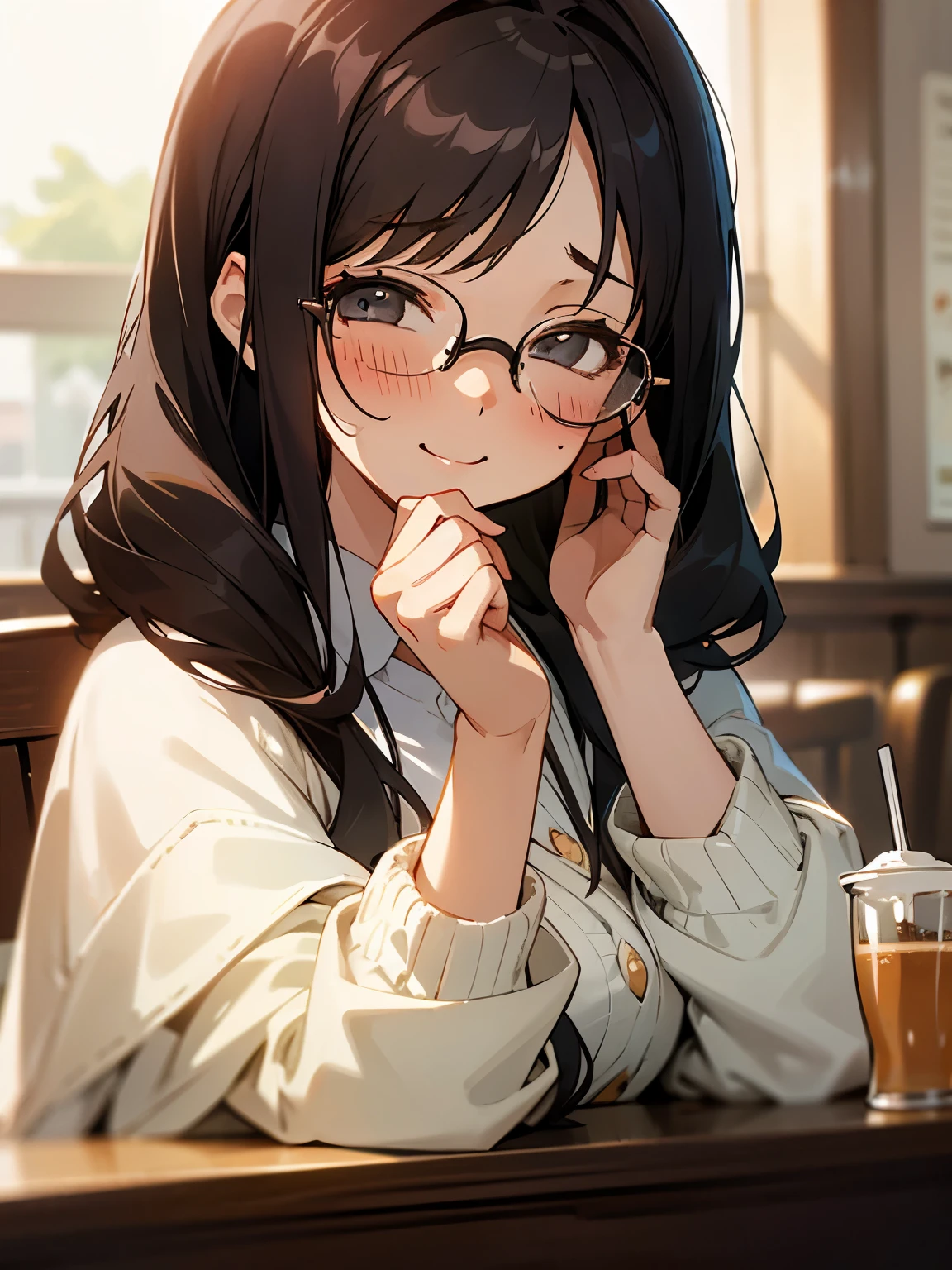 girl with,brunettehair,long,Round glasses,White cardigan,Fashionable,cafes,Bust-up composition,high-level image quality, seductive girl,Squinting, seductive smile, slightly blushing cheeks