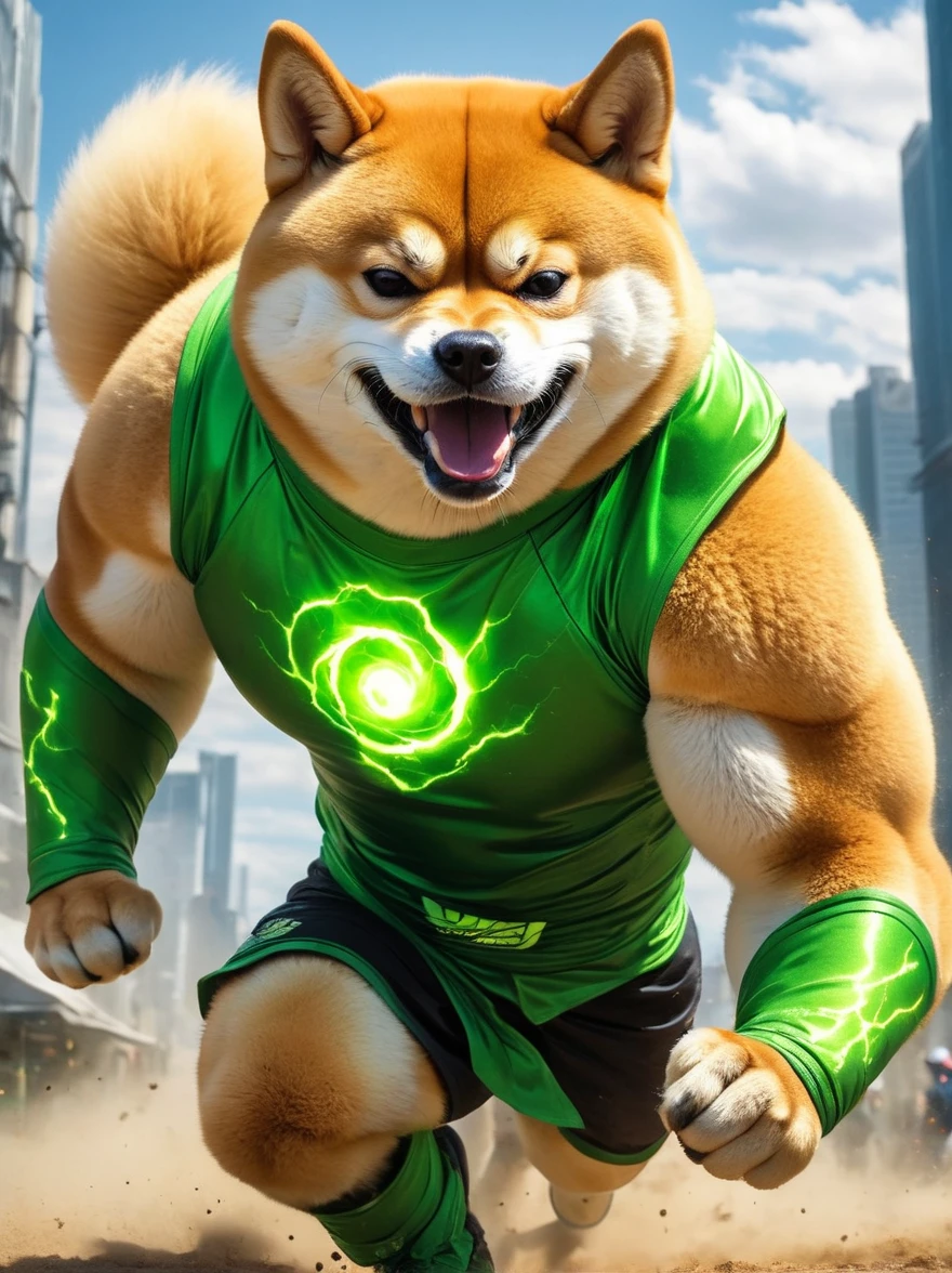 A vibrant photo, Towering Shiba Inu, Embodying the original essence, Untamed Energy，It is muscular，Glowing electric green, A color reminiscent of Shiba Inu energy drink，Its eyes are as bright as the sun, Intense burning. This is the roar of the filming, Digging into the ground with its powerful claws, Release the shock wave，Affecting the surrounding environment. behind, The sky is covered by a vortex, heavily clouded, Further emphasizing the terrifying and ferocious nature of this legendary Shiba Inu.