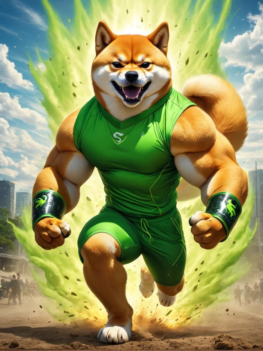 A vibrant photo, Towering Shiba Inu, Embodying the original essence, Untamed Energy，It is muscular，Glowing electric green, A color reminiscent of Shiba Inu energy drink，Its eyes are as bright as the sun, Intense burning. This is the roar of the filming, Digging into the ground with its powerful claws, Release the shock wave，Affecting the surrounding environment. behind, The sky is covered by a vortex, heavily clouded, Further emphasizing the terrifying and ferocious nature of this legendary Shiba Inu.