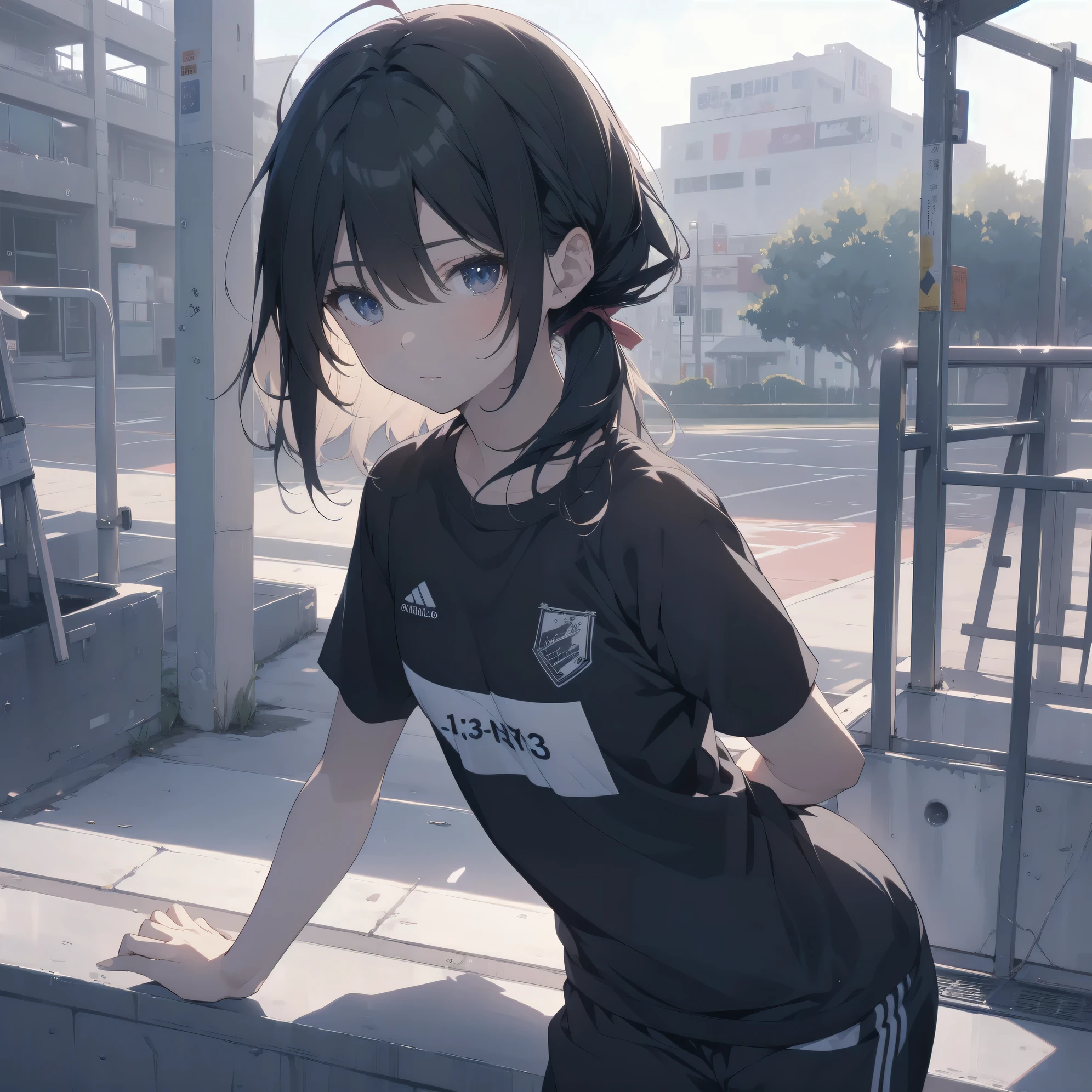 ultra-absurdres-Top quality by artist God, ultra-detailed, high resolution, anime moe artstyle, best anime 8k konachan wallpaper, pixiv contest winner,pool:2810, perfect anatomy,break, 1girl, (Please draw a girl sitting on the park playground equipment alone. )break,(Solo,little female, -yeld:1.Full limbs, complete fingers, (short hair), ponytail, flat chest, groin, small butt, thighs, small black eyes, beautiful detailed eyes, well-proportioned iris and pupils, expressive eyes, highres detailed hair, soft expression, gym uniform, short sleeves, short shorts, (Detailed Lighting), (Detailed background), on playground equipment, in the small park. break,super detailed skin, Best cinematic lighting powered by famous artist, 8k,beauty illustration,photoshop_(medium),very aesthetic,break,((artist:sirabi )), artist:bolze ,artist:oyari_ashito ,artist:kantoku ,