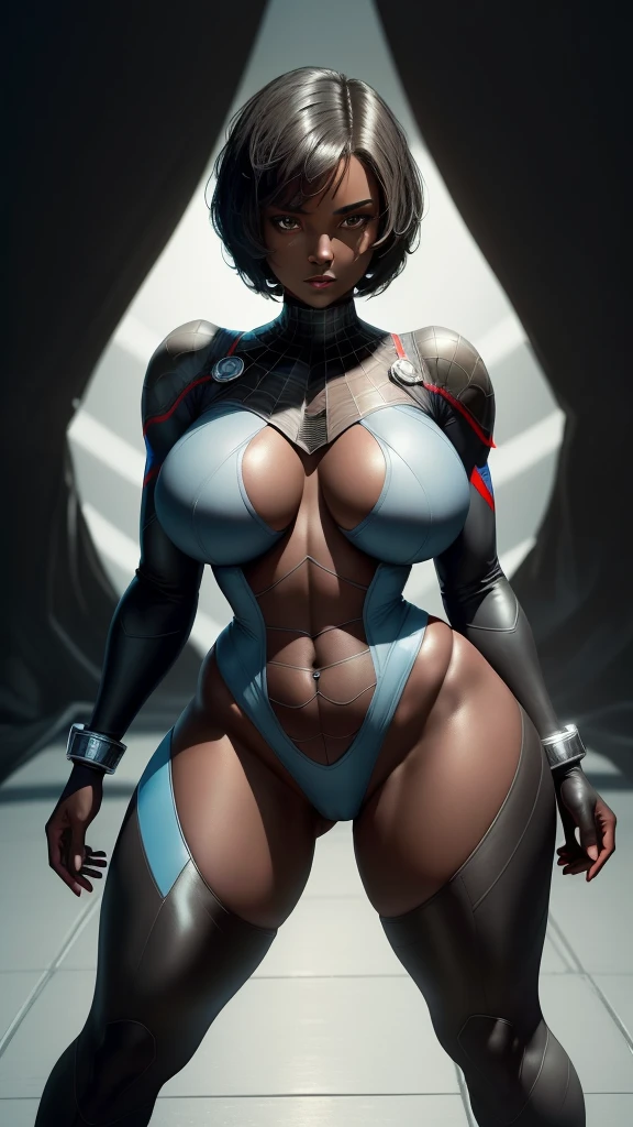 RAW, 1girl, colorful, ((white matte armor, blue lights )), (masterpiece, best quality), ((blunt pixiecut:1.6)) (gigantic breasts:1.2), (uniboob:1.5) ((pressed breasts:1.4)) (underboob:1.1) (detailed skin:1.3, detailed face:1.3), dslr, realistic, (((seductive pose, detailed galaxy landscape))), delicate, soft colors, cinematic lighting