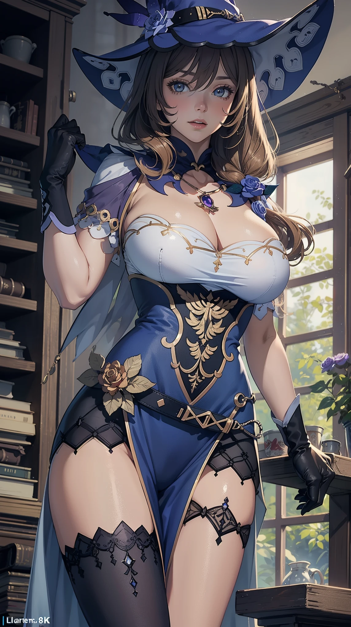 Masterpiece, ultra detail, high quality, 8k cg, (huge breasts:1.2), lisadef, blush, bright eyes, standing, indoors, slim body, narrow waist, upper body