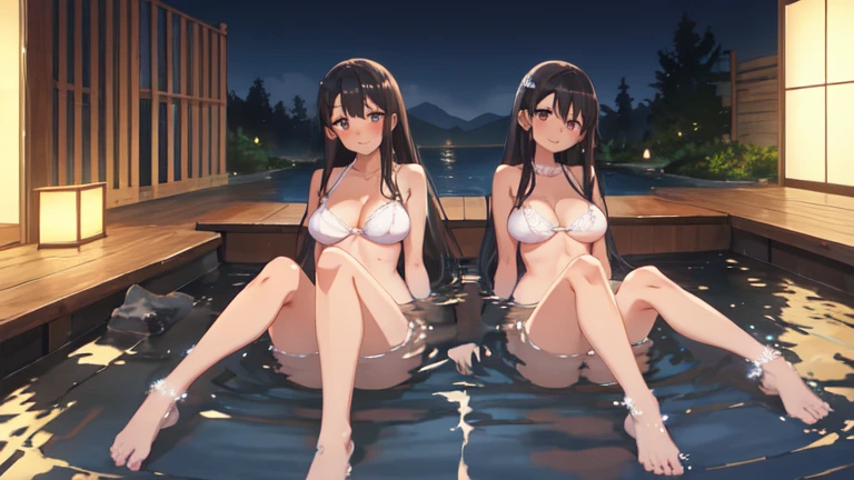 best quality, masterpiece, highres, duo, (nagatoro_hayase_donttoywithmemissnagatoro:1.10), 2girls, twins, identical sisters, anime coloring, mole under eye, red eyes, looking at viewer, parody, portrait, smile, closed mouth, anime_style, 11, full body, sexy body, perfect body, large breasts, onsen