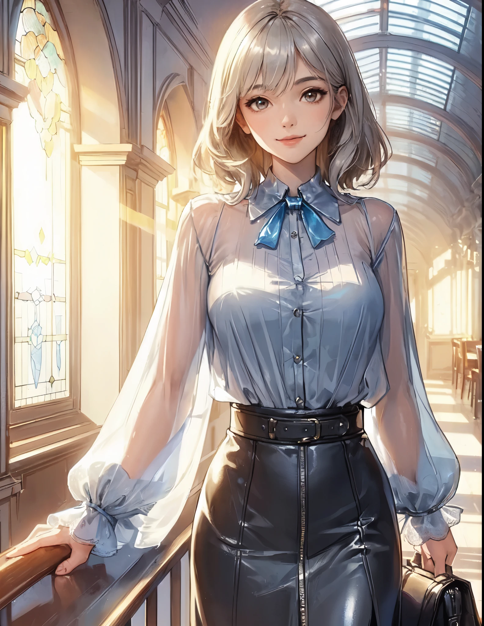 1lady solo, walking slowly, (blue silver blouse) (leather skirt), mature female, /(silver beige hair/) bangs, light smile, (masterpiece best quality:1.2) delicate illustration ultra-detailed, large breasts BREAK (holding pouch) BREAK (corridor of high-end restaurant:1.2) indoors, (stained glass window), (setting sun's light), detailed background