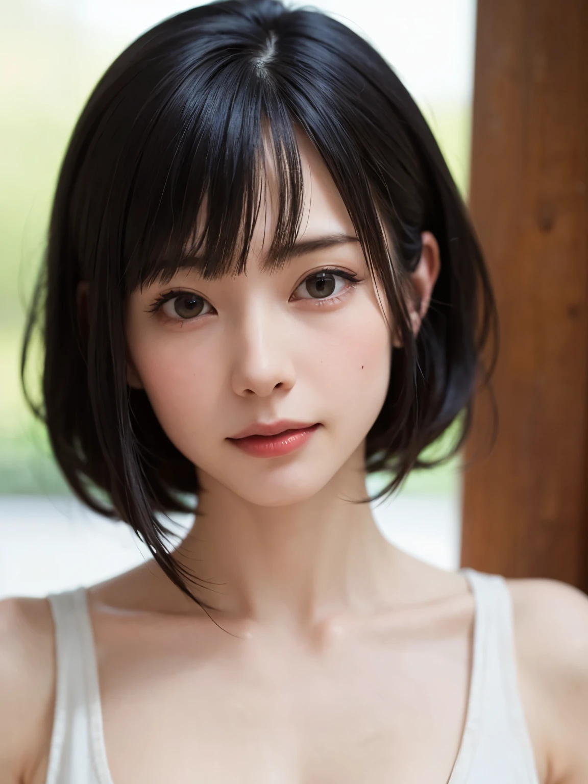 1 girl、highest quality、Realistic、alone、Written boundary depth、Natural soft light、Daytime、charm、Beautiful Face、Cleanliness、Pure Face、White skin、cute、Bob Hair、short hair、bright hazel eyes:1.6、Beautiful Lips、美しいLong neck、Beautiful neckline、bangs、Beach、Light of the sun、Nedium Breast Body Esbian、((黄金比のBeautiful Face、 対称性のあるBeautiful Face、Dutch Angle Shot、elevation))、Long neck、Show me your ears、Stick out your ears。bangsのあるきれいな短いBob Hair、smile with your mouth closed、Perfect hands指、Perfect hands、Perfect body、Perfect Face、Shine a light into your eyes、Perfect Anatomy:1.6、とてもcuteスーパーモデル:1.6、{Huge|big|Hugeな|Mega} chest, chestの谷間、smile:1.6、Very beautiful teeth:1.6