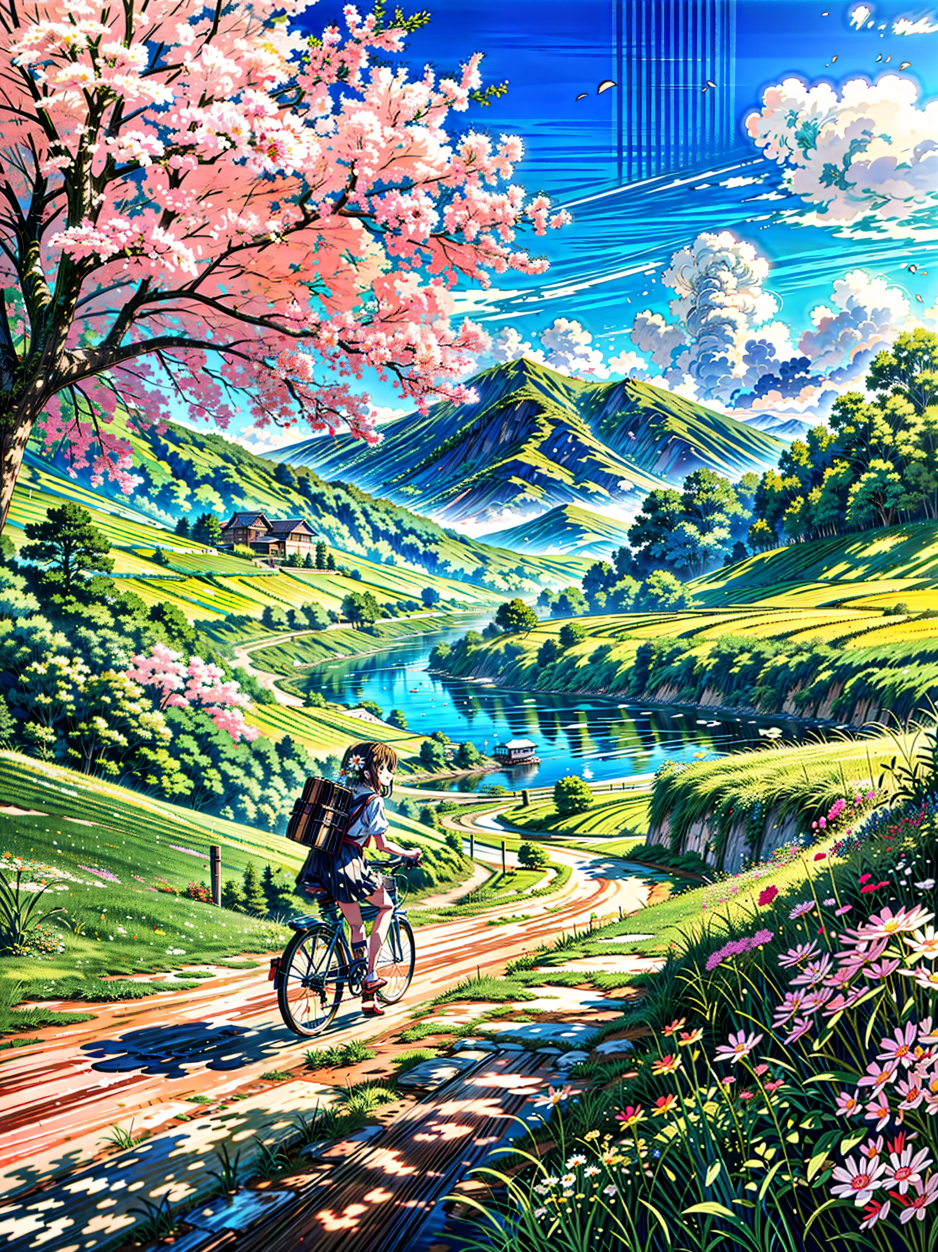 a painting of a woman riding a bike down a dirt road next to a river, flowers, multicolored flowers, village, anime countryside landscape, anime landscape, daisy flowers, anime scenery, japanese rural town, anime landscape wallpaper, japanese countryside, anime beautiful peace scene, anime scenery concept art, anime nature, anime painting, anime nature wallpap, beautiful anime scenery, countryside in japan, rural japan, clean anime art, beautiful anime art style, very beautiful matte painting, beautiful nature, 4k hd, beautiful art uhd 4 k, a beautiful artwork illustration, beautiful digital painting, highly detailed digital painting, beautiful digital artwork, detailed painting 4 k, very detailed digital painting, rich picturesque colors, gorgeous digital painting